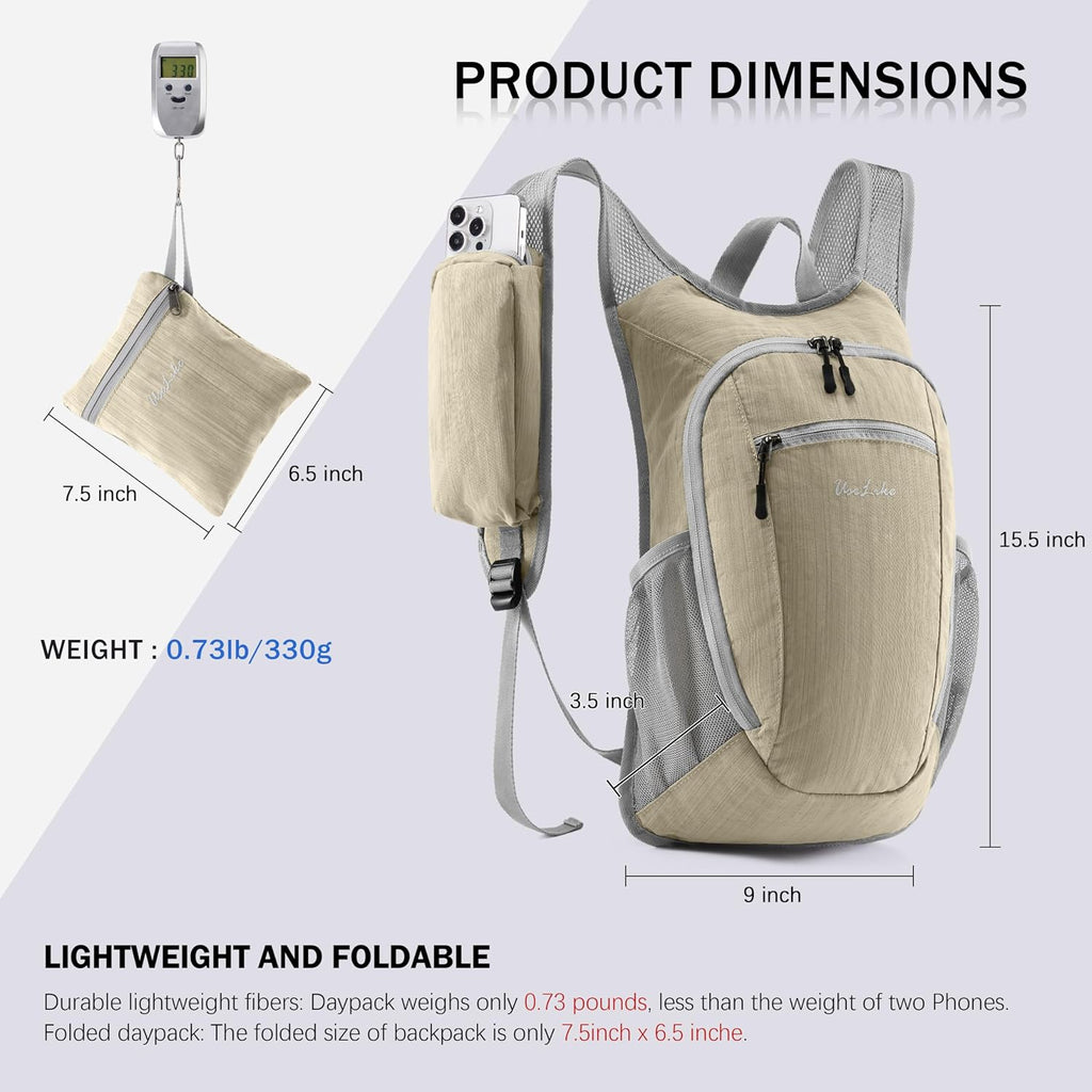 Uselike 10L Small Hiking Backpack Travel Daypack Lightweight Packable Back Pack for Women Men(Beige)