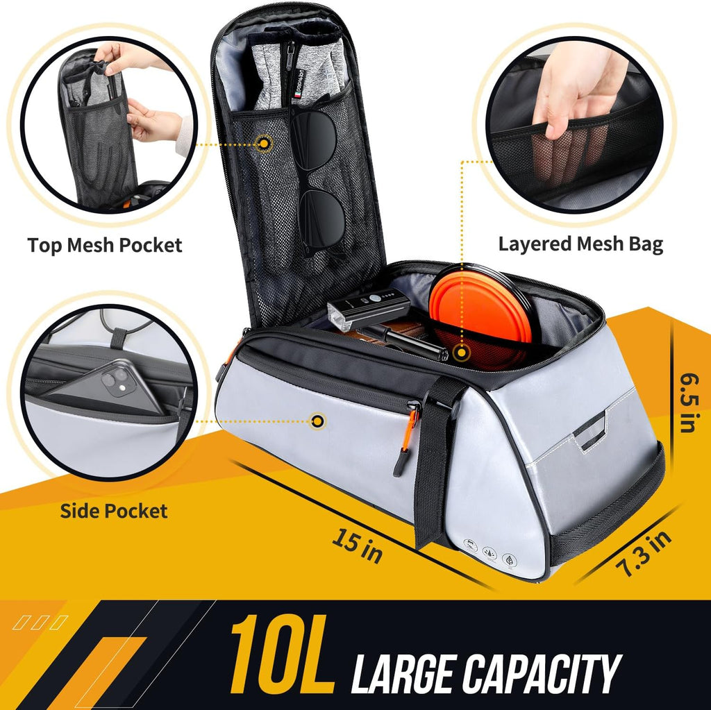 WOTOW Rear Bike Rack Bag, 10L Full Reflective Bike Storage Saddle Bag