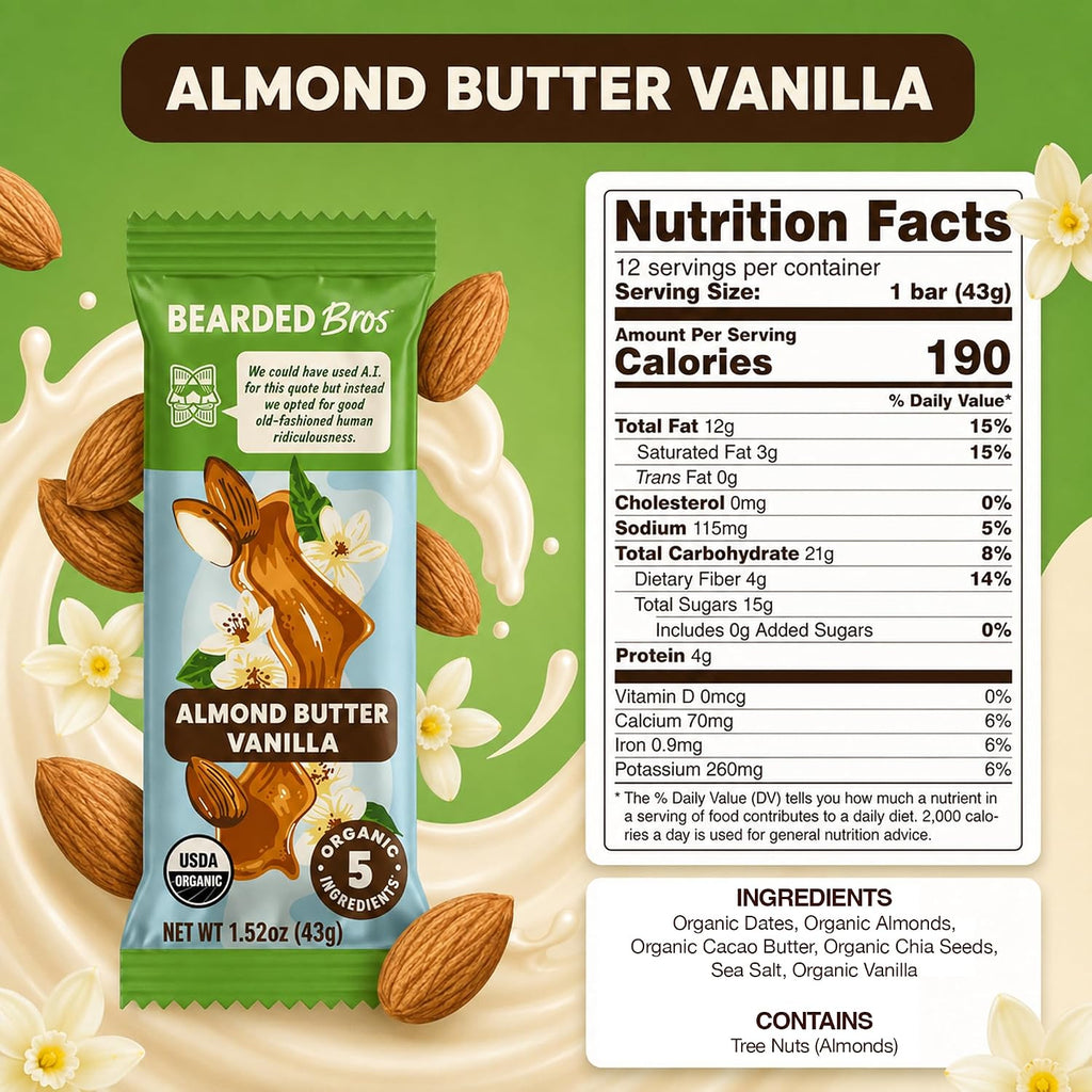 Bearded Brothers Vegan Organic Energy Bars, Almond Butter Vanilla, 12 Pack