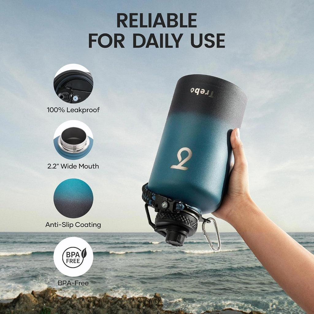 Trebo 64 oz Water Bottle Stainless Steel with 3 Lids, Paracord Handle & Bag