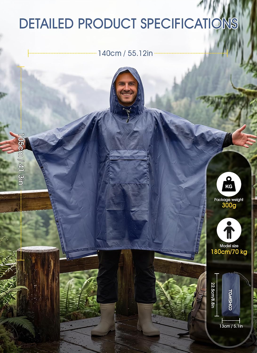 TOMSHOO Multifunctional Raincoat with Hood Waterproof for Adults