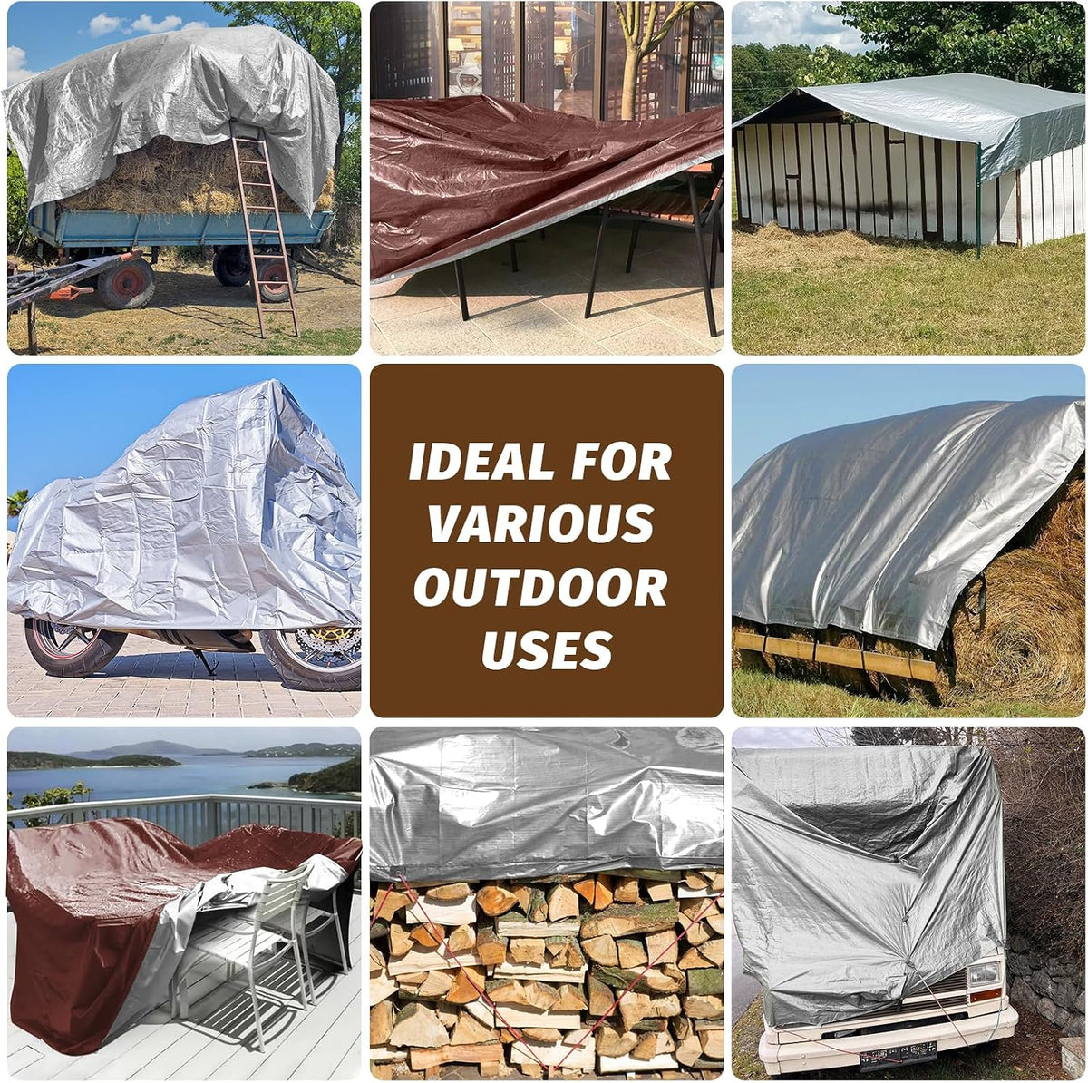 16 Mil Thick Heavy Duty Tarp, 10 x 12 Ft Finished Size, Silver/Brown