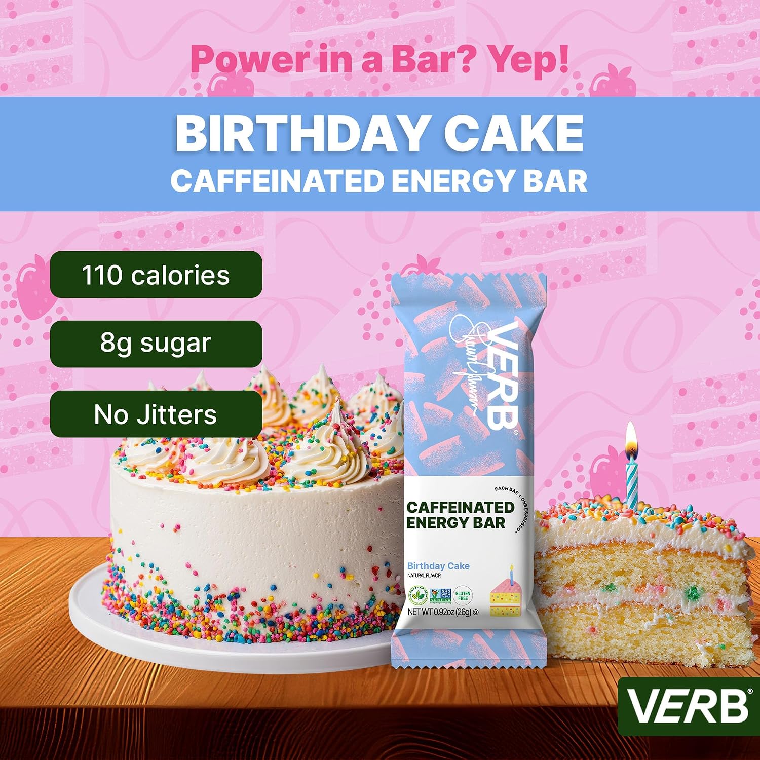 Verb Caffeinated Energy Bars Birthday Cake (26g, Pack of 16) 110 Calories