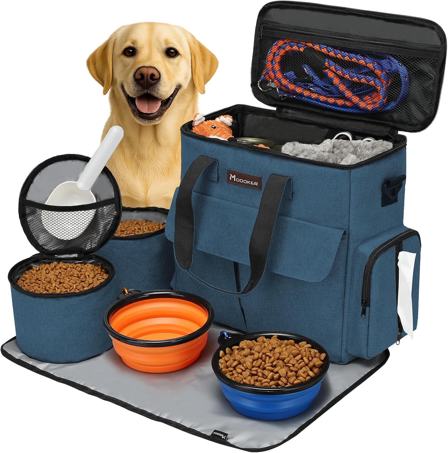 Modoker Weekend Dog Travel Bag Set with 2 Food Bags, 2 Bowls and Mat, Black