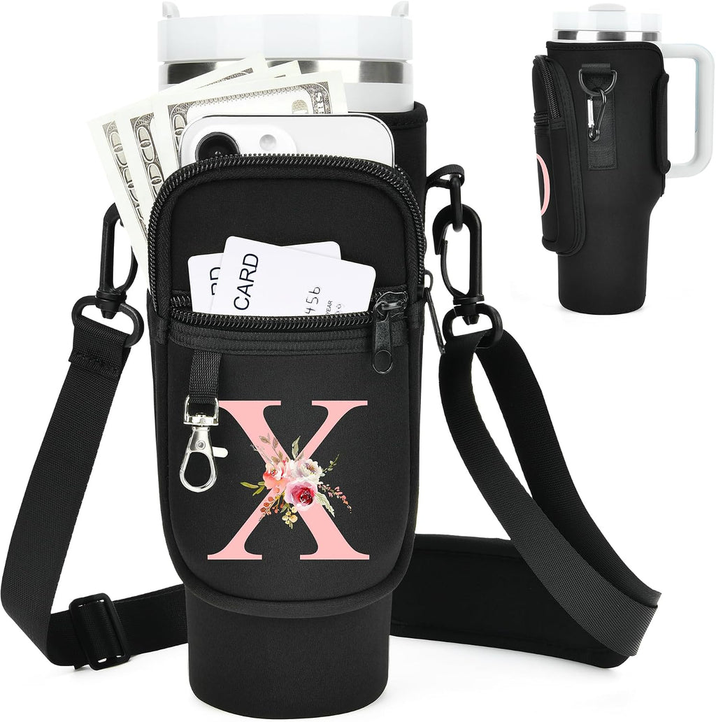Initial Water Bottle Holder with Strap for Stanley Cup Accessories 40 oz/Simple Modern Tumbler, Birthdays for Women Girls, Water Bottle Carrier Bag with Phone Pocket,Hiking Walking Gym Camping