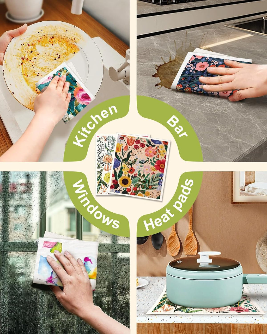 Miss Adola 6 Pack Swedish Dishcloths for Kitchen - Reusable Dish Cloths for Washing Dishes Absorbent Cute Funny Kitchen Towels Cleaning Sponge, Floral Bird