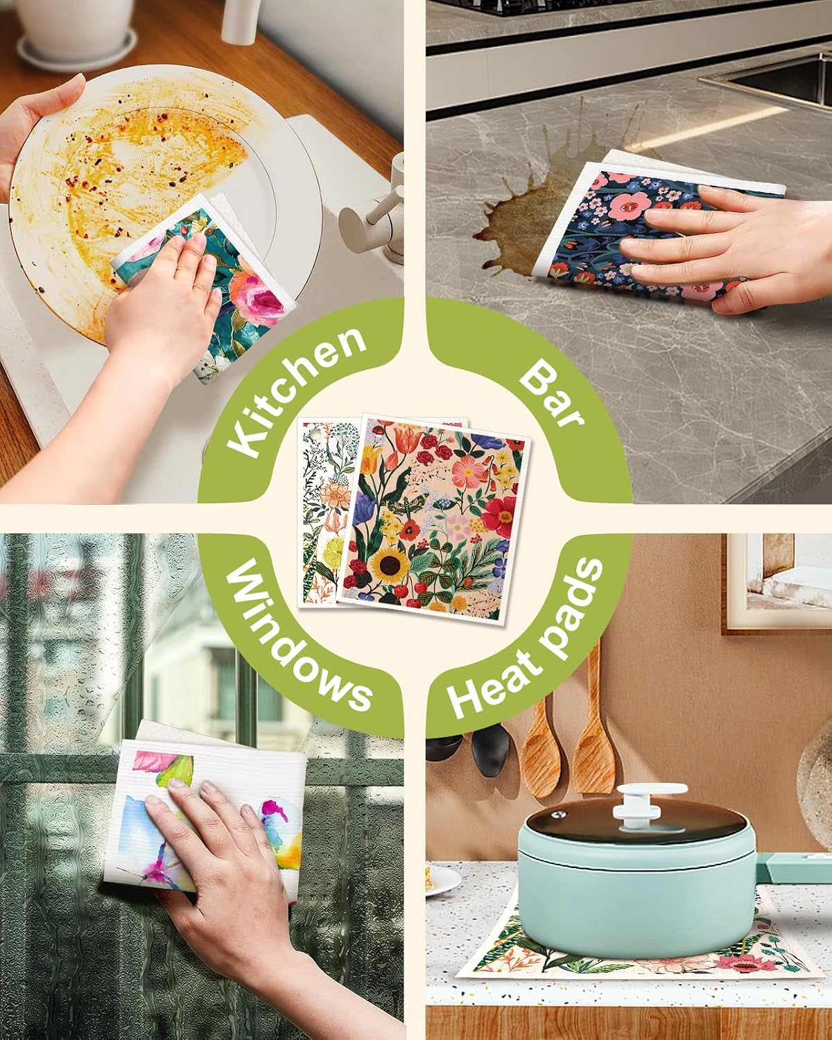 Miss Adola 6 Pack Swedish Dishcloths for Kitchen - Reusable Dish Cloths for Washing Dishes Absorbent Cute Funny Kitchen Towels Cleaning Sponge, Floral Bird