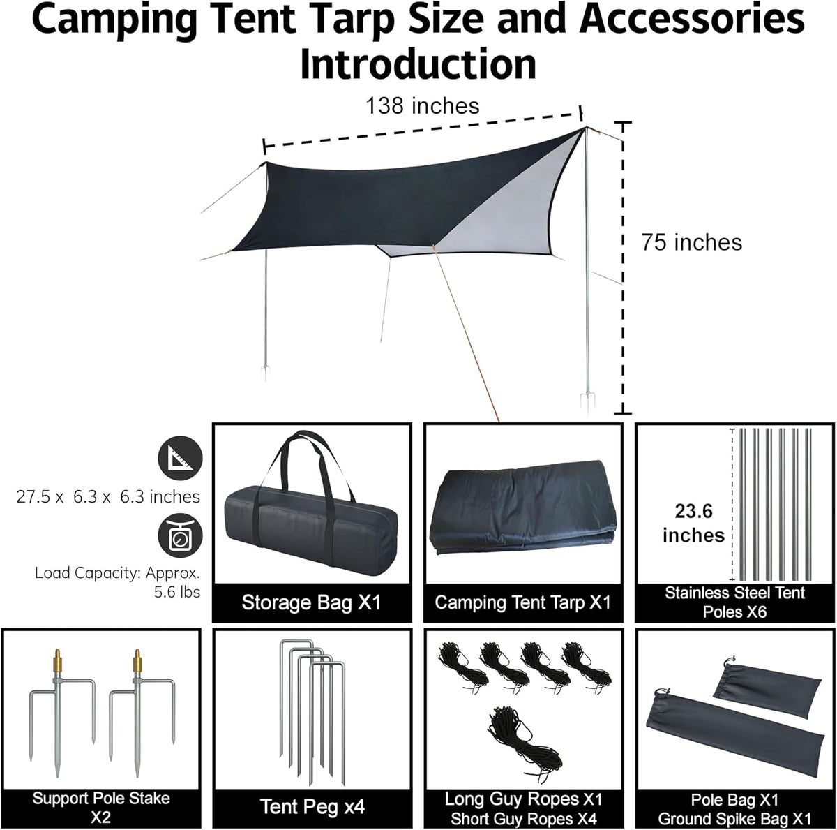 Camping Tent Tarp with Thickened Stainless Steel Bracket - PU 20000mm+ Waterproof Rain Shelter, UPF2000+ Anti-UV Camping Canopy, Portable Sun Shade for Camping, Hiking, Picnic