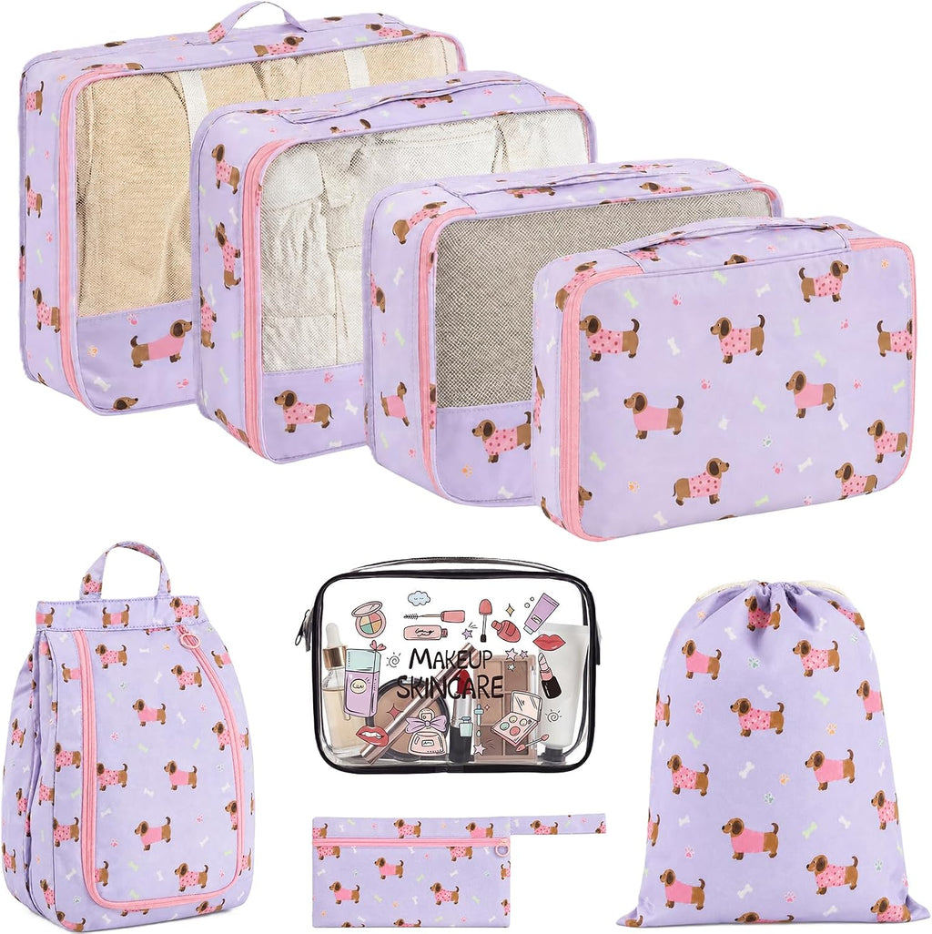 8 Set Packing Cubes for Travel, Durable Luggage Packing Organizers, Carry-On Accessories, TSA Approved See-Through Cubes, Space-Saving Storage Bags, Gifts for Women (Purple Dog)