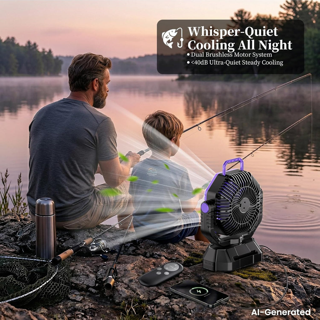 AJVV Camping Fan with Light, Remote and Oscillation, Battery Powered Hanging Tent Fan, Rechargeable Portable for Camp, Outdoor, Emergencies, Fishing, RV Travel, Jobsite