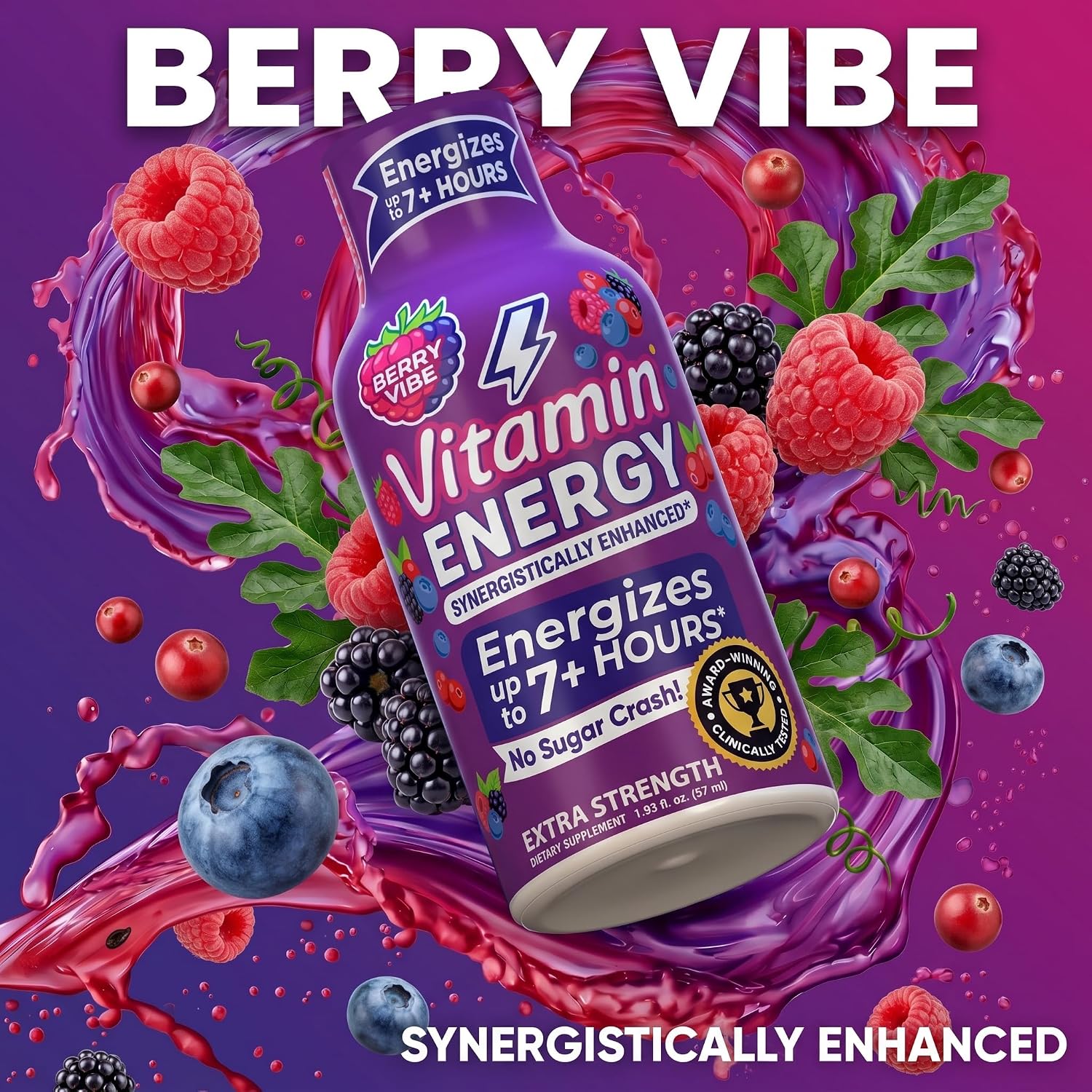 Vitamin Energy Berry Vibe Extra Strength Energy Shot, 36 Pack - Up to 7 Hrs, 260mg Natural Caffeine, Zero Sugar - BCAAs + CoQ10, Focus Support, B12 B6 Niacin, 1.93 fl oz, Keto Vegan