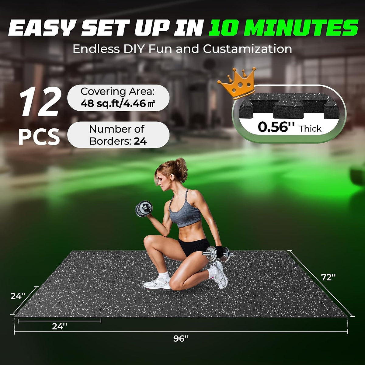 PRAISUN 0.56" Rubber Top Gym Flooring, Heavy Duty Gym Mats for Home Gym