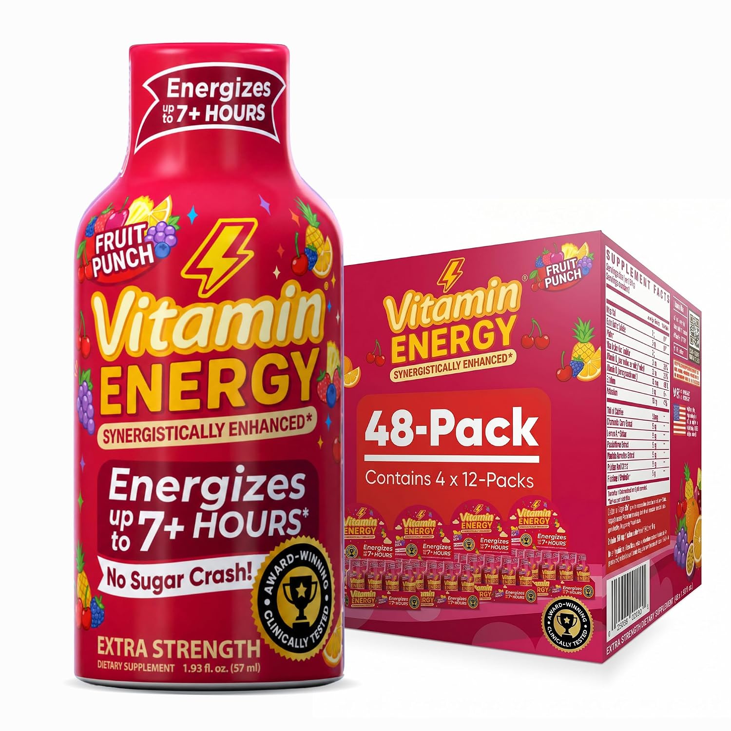 Vitamin Energy Tropical Infusion Extra Strength Energy Shot, 48 Pack - Up to 7 Hrs, 260mg Natural Caffeine, Zero Sugar - BCAAs + CoQ10, Focus Support, B12 B6 Niacin, 1.93 fl oz, Keto Vegan