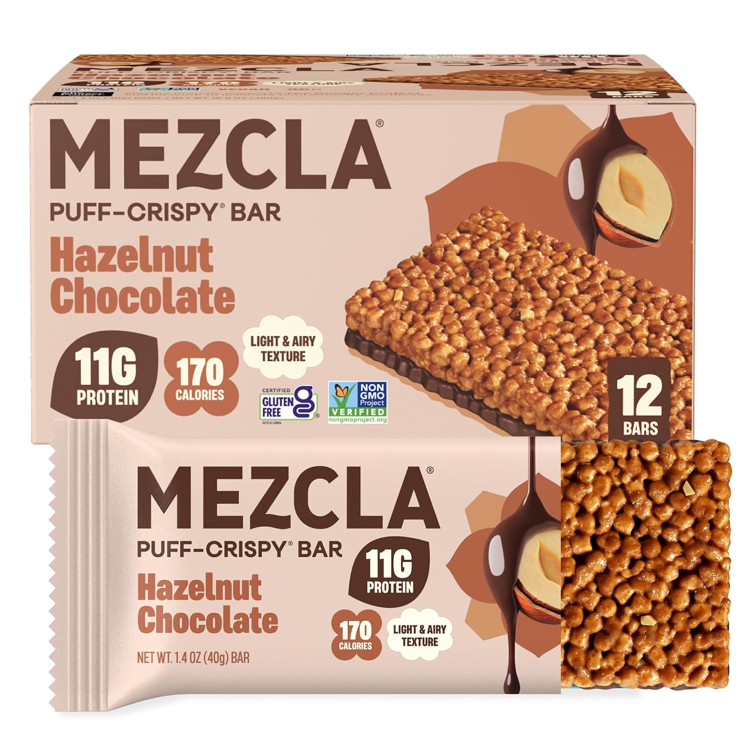 Mezcla Hazelnut Chocolate Puff Crispy Vegan Bars, 11g Protein, 12 Bars