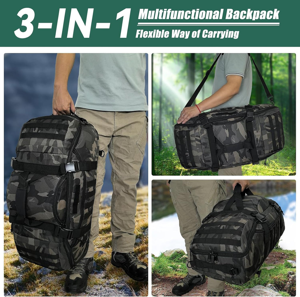Hannibal Tactical 65L Large Duffle Bag, 3-in-1 Tactical Backpack MOLLE Pack for Sports, Gym, Outdoor, Black Camo