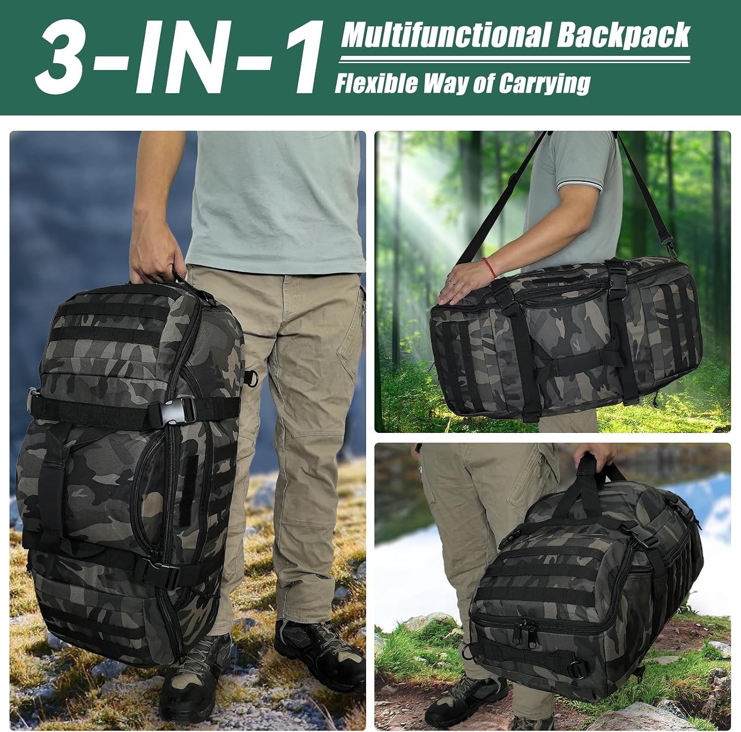 Hannibal Tactical 65L Large Duffle Bag, 3-in-1 Tactical Backpack MOLLE Pack for Sports, Gym, Outdoor, Black Camo