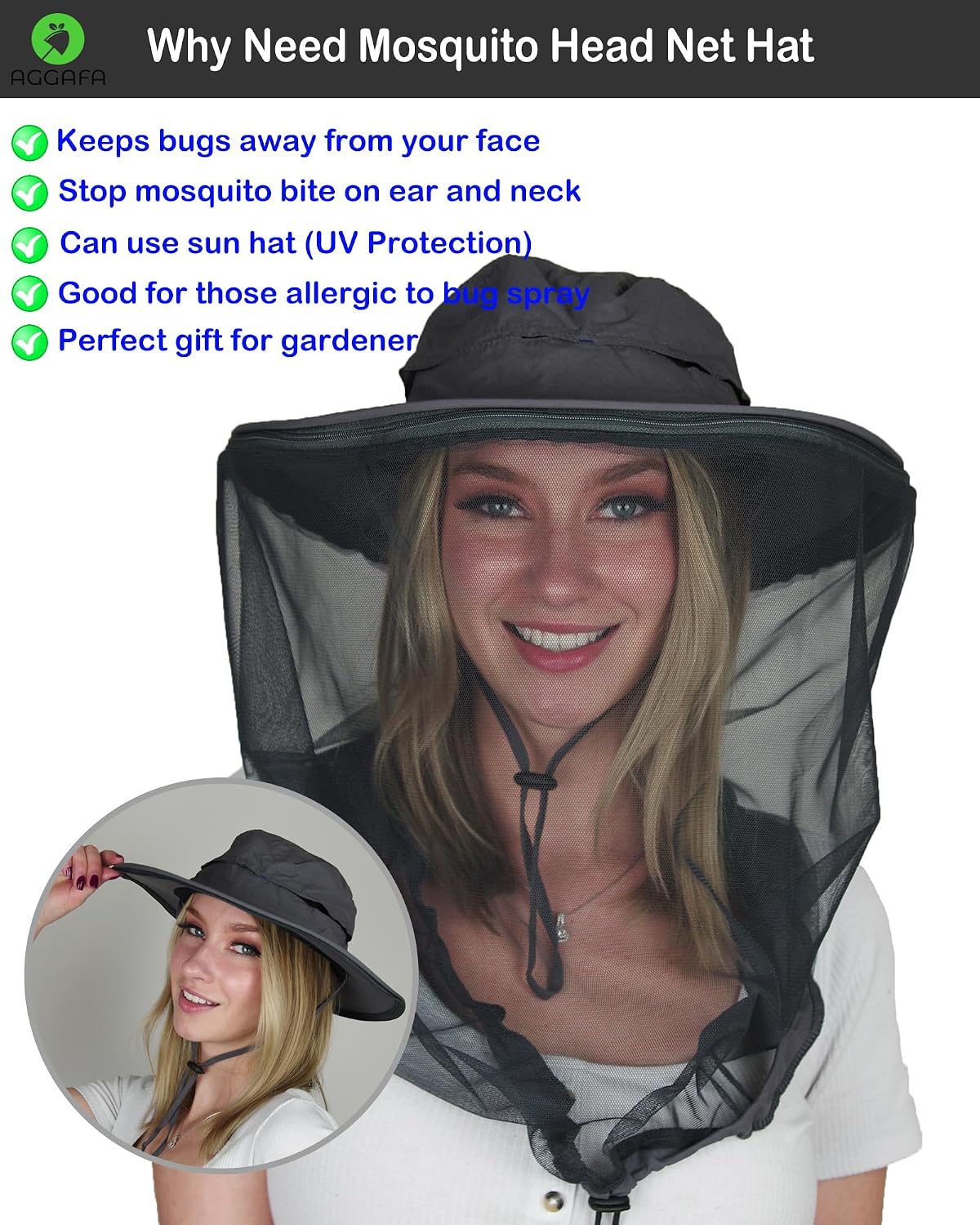 Mosquito Head Net Hat with Fine Mesh for Gardening, Fishing, Camping