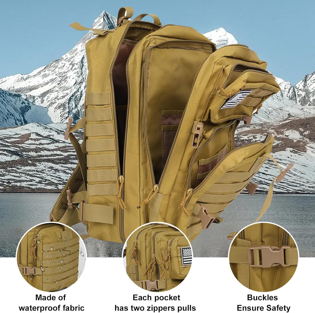 50L Large Military Tactical Backpack Molle Army Assault Pack for Travel Camping Hiking Fishing Backpack for men (khaki)