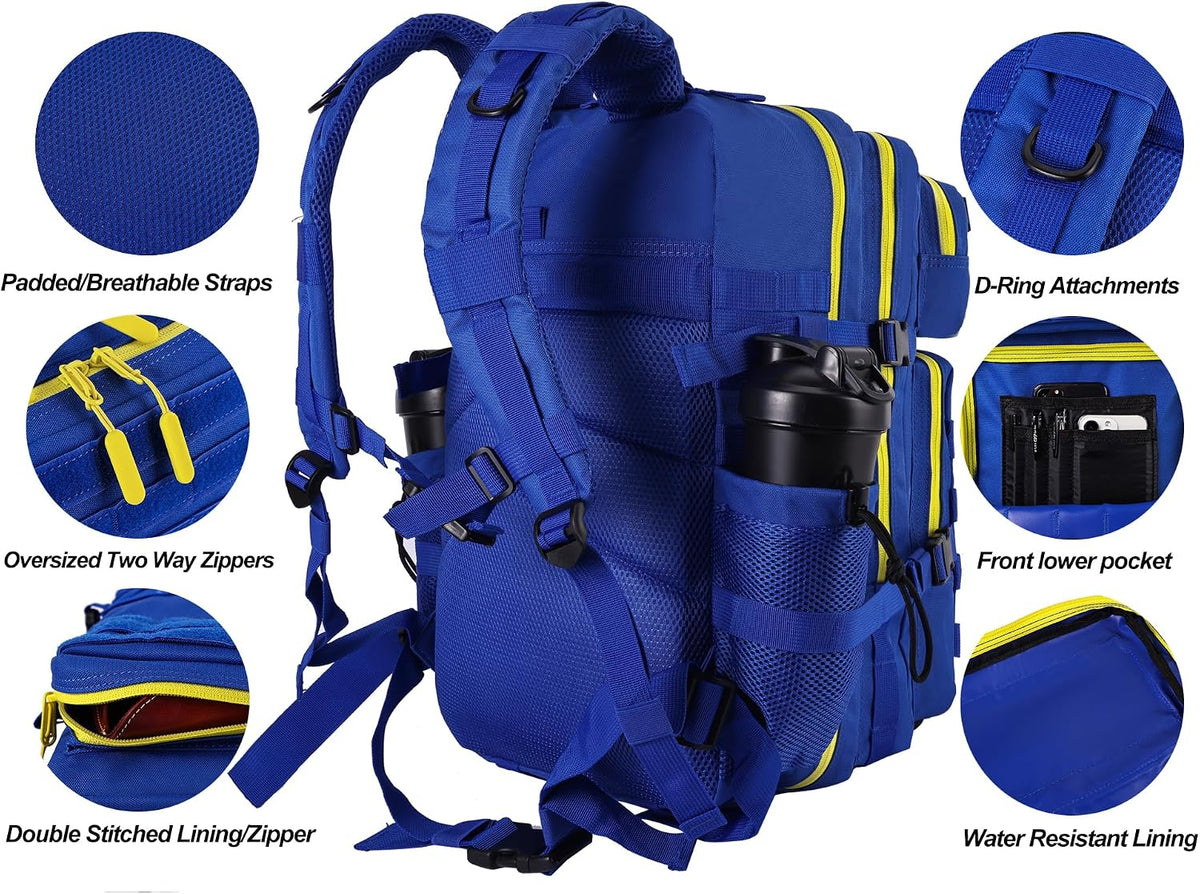 LHI Military Tactical Backpack for Men and Women 45L Army 3 Days Assault Pack Bag Large Rucksack with Molle System Blue Yellow