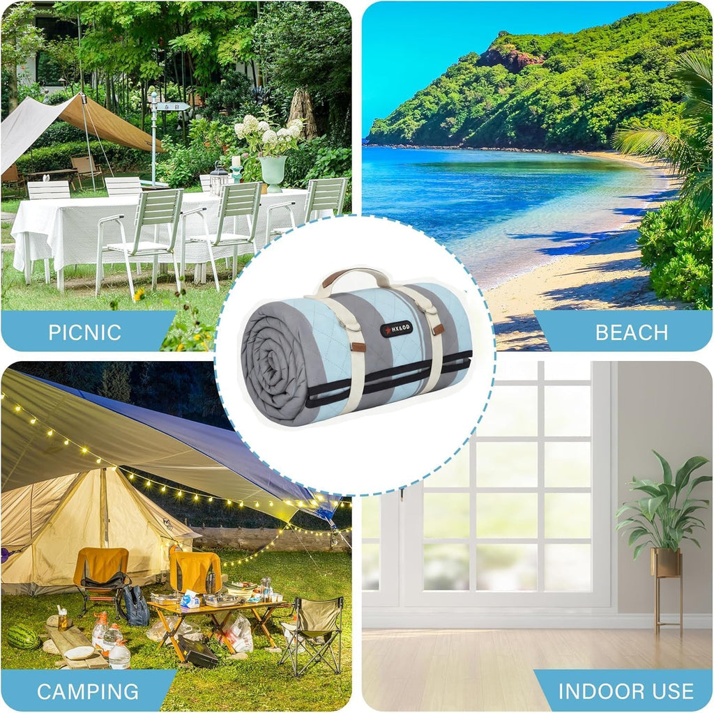 HX&OD Outdoor Picnic Blanket Extra Large, 80''*60'' Waterproof Picnic Mat with Stakes Foldable Camping Blanket Portable with Carry Strap for Beach Mat (Green& White, 80''*60'')