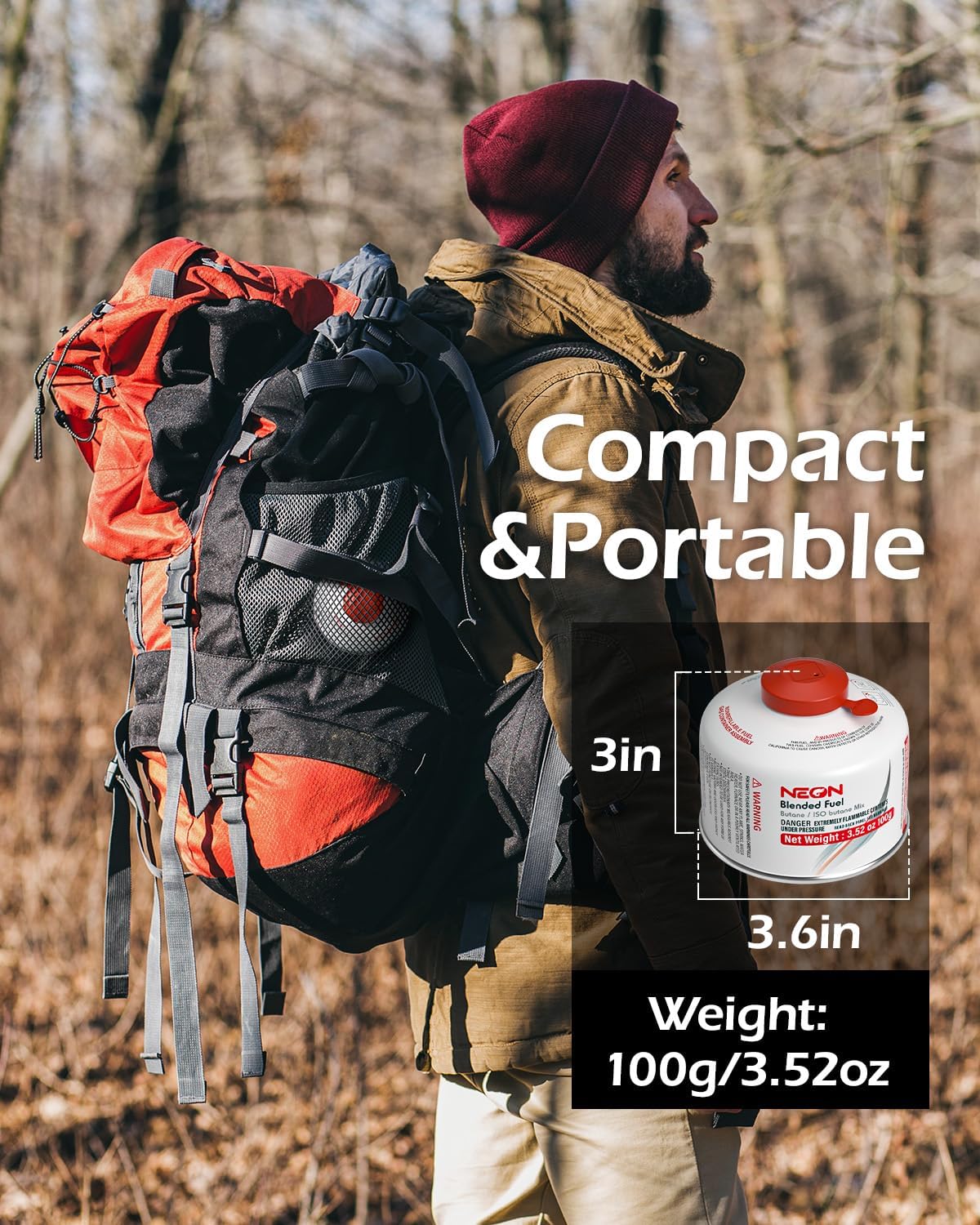 NEON Isobutane Fuel Canister, Portable Camping Gas 100g, Efficient and High Output Butane for Camp Stove, Backpacking, Hiking, Lanterns, Outdoor Cooking, Suitable for All Seasons