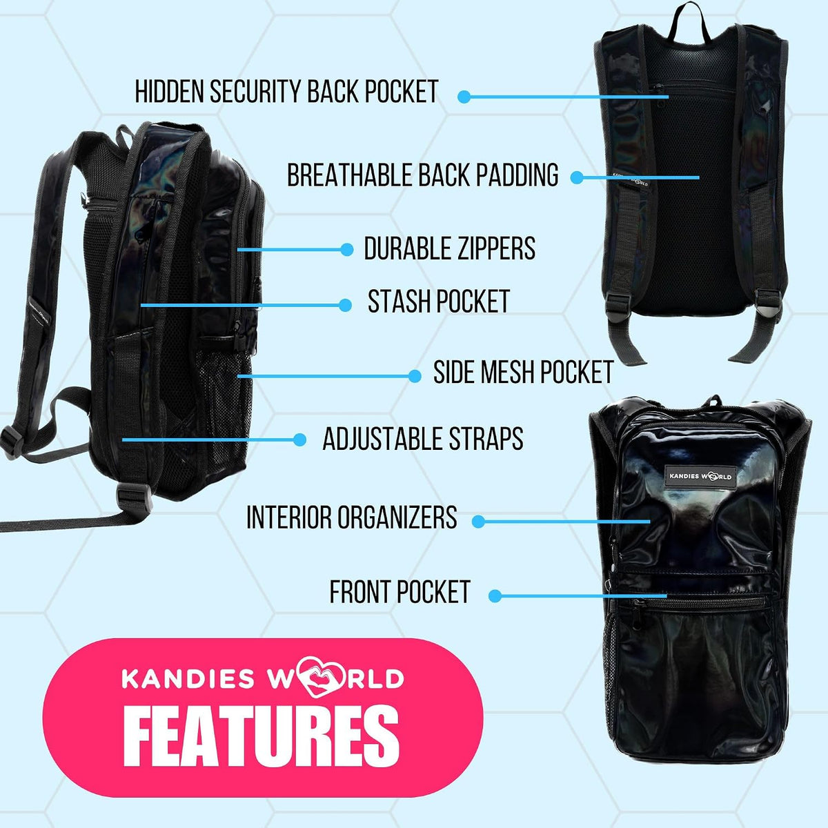 Kandies World Reflective Festival Hydration Pack - 2L Hydropack for Raves, Hiking, Biking, Running, and More (with Anti-Theft Pocket)