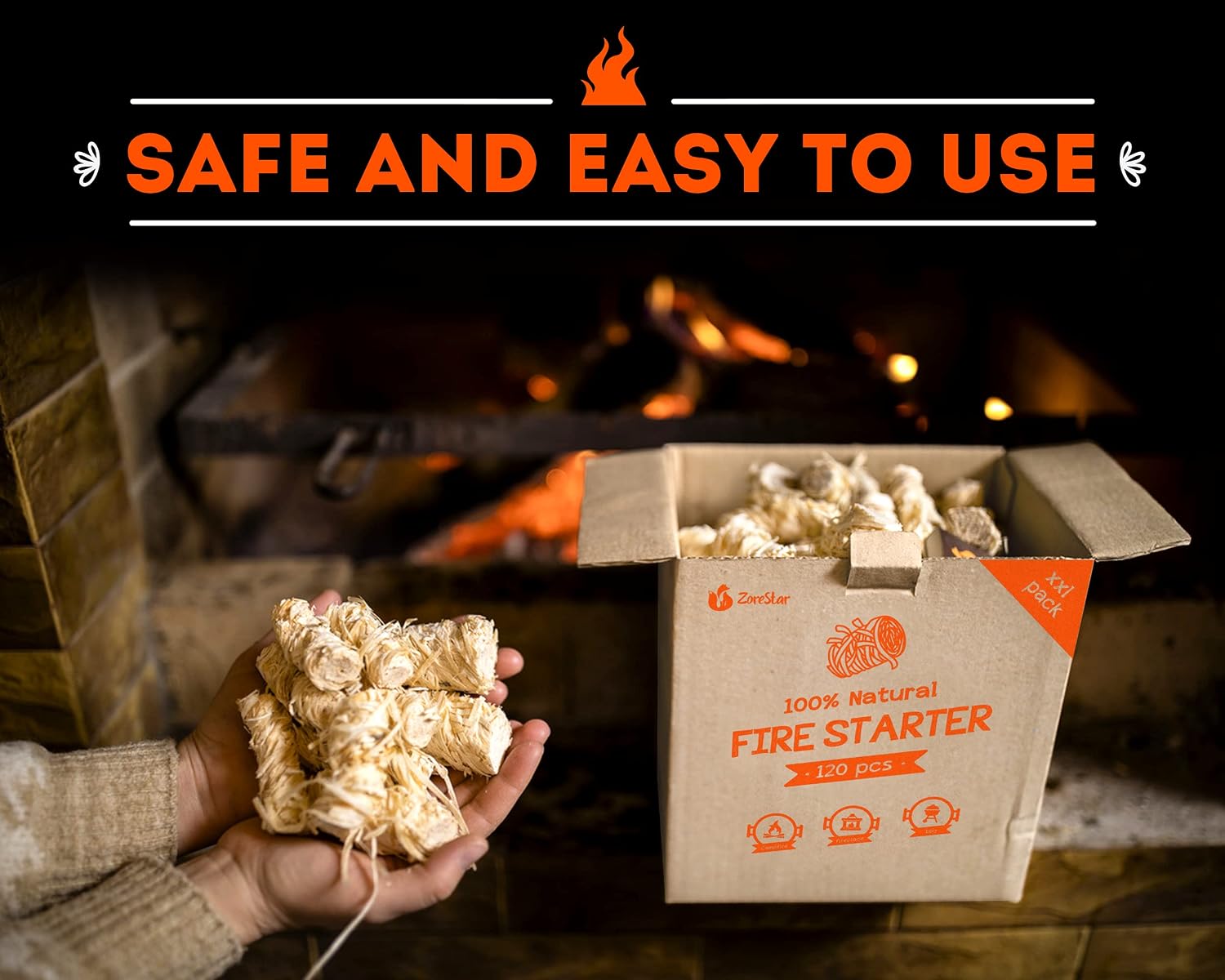 Fire Starters XXL 120 pcs - Firelighters for Indoor and Outdoor Use, Compatible with Solo Stove, Green Egg and Other firepits and BBQs - Box of 100% Waterproof Firestarters