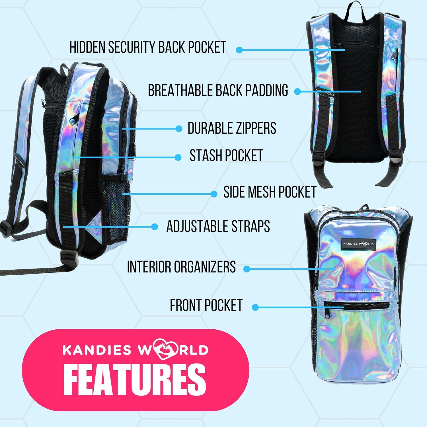 Kandies World Reflective Festival Hydration Pack - 2L Hydropack for Raves, Hiking, Biking, Running, and More (with Anti-Theft Pocket)