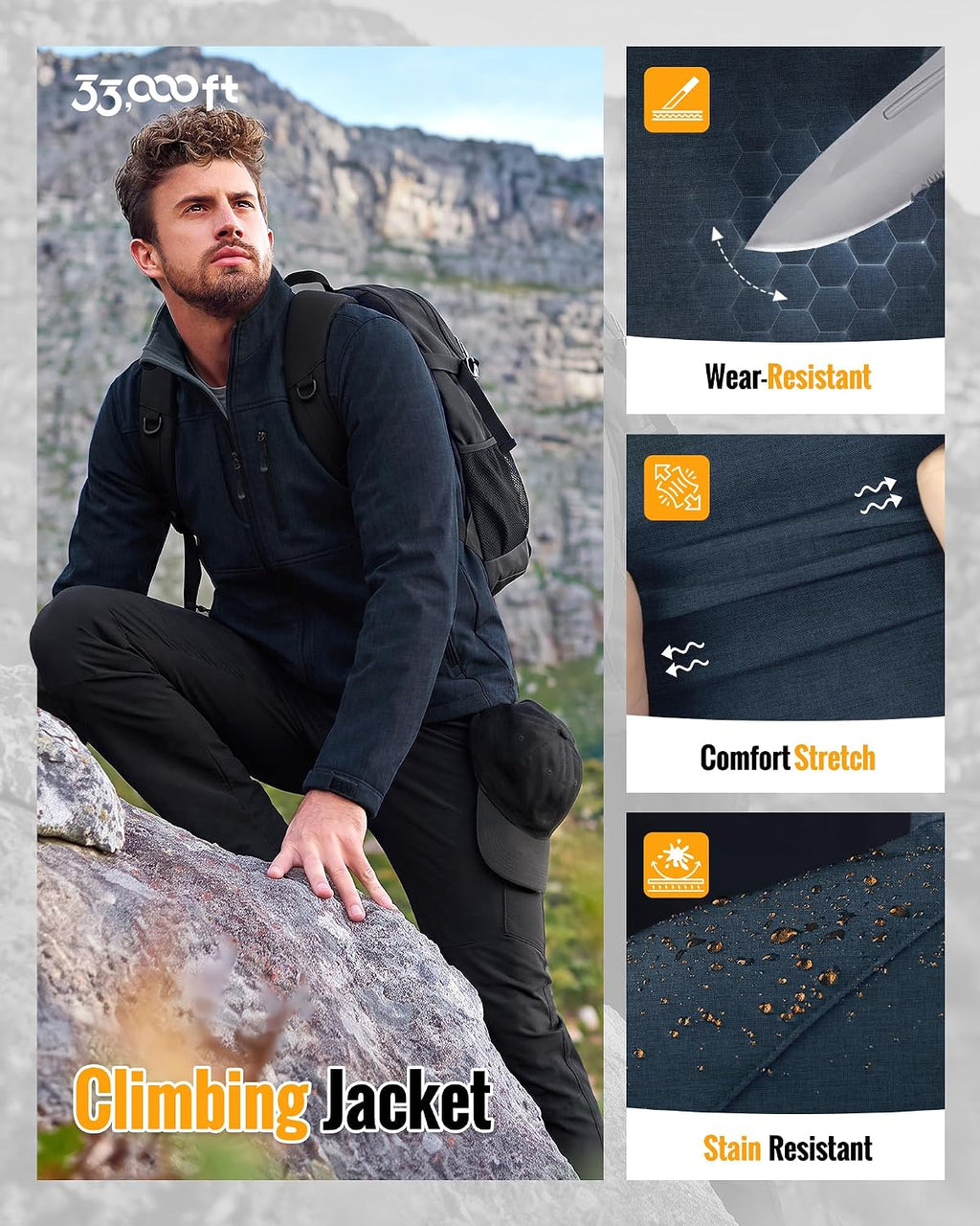 33,000ft Men's Lightweight Softshell Jacket Fleece Waterproof Windbreaker