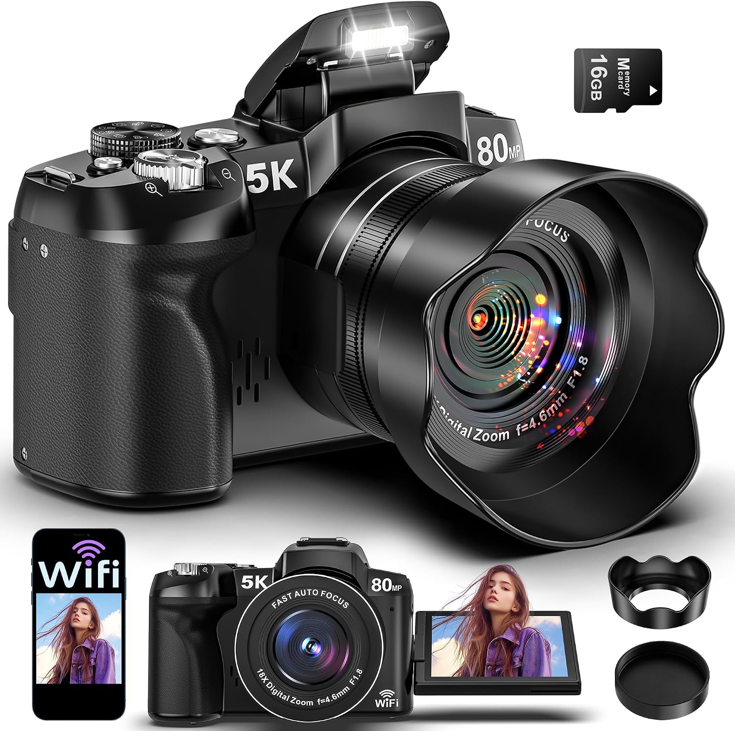 5K Digital Cameras for Photography 80MP WiFi UHD Autofocus Vlogging Camera