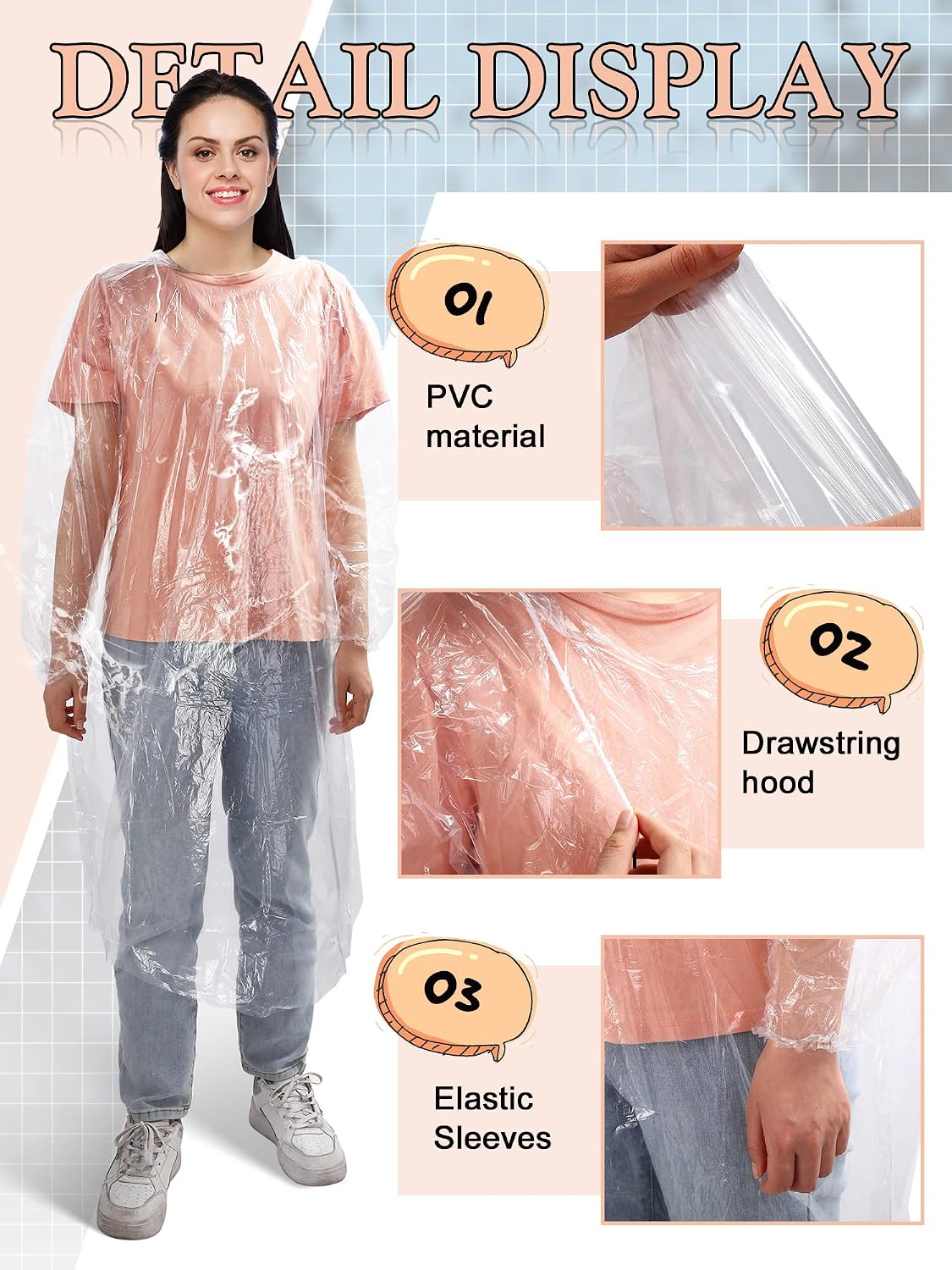 Tarpop 40 Pack Disposable Rain Ponchos Adult Drawstring Hood