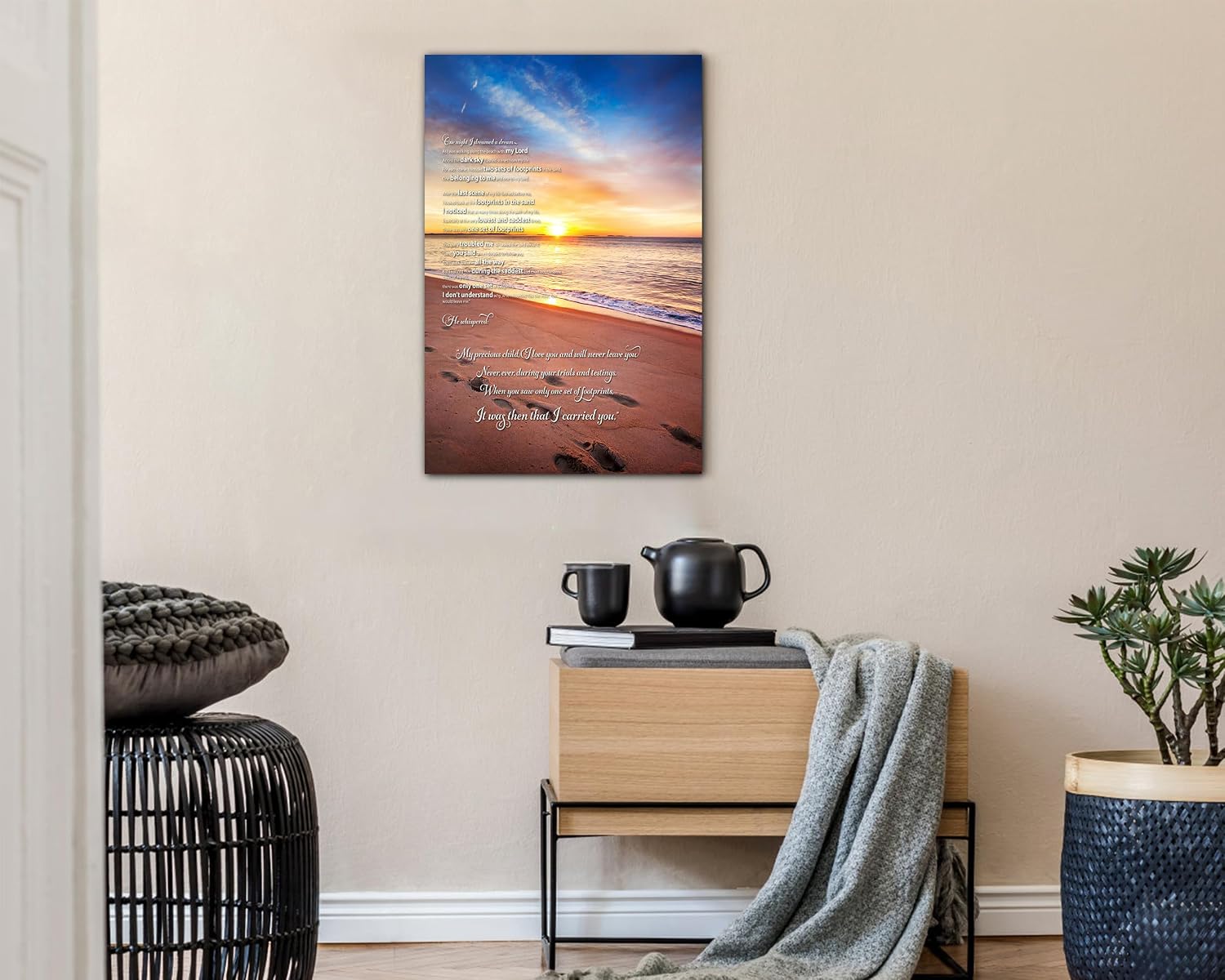 Footprints in the Sand Canvas Prints Wall Art, Footprints in the Sand Wall Art Decor, Inspirational Christian Poem Wall Poster Gift, Beach Picture Wall Art for Living Room Beach Office 28"Wx40"HInches