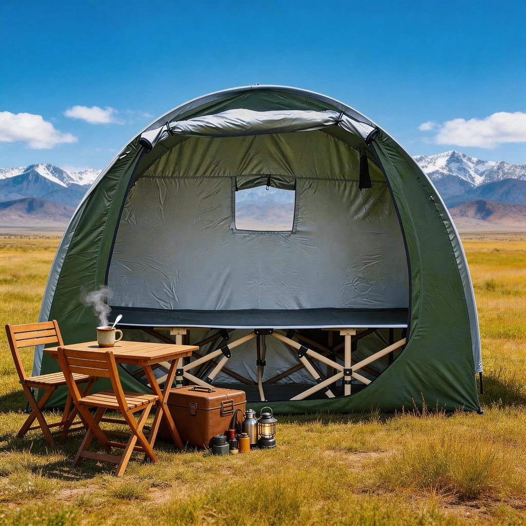 1 Person Solo Cot Tent (Bed Not Included), 210D Silver Fabric, Waterproof, Compact Portable Camping Shelter