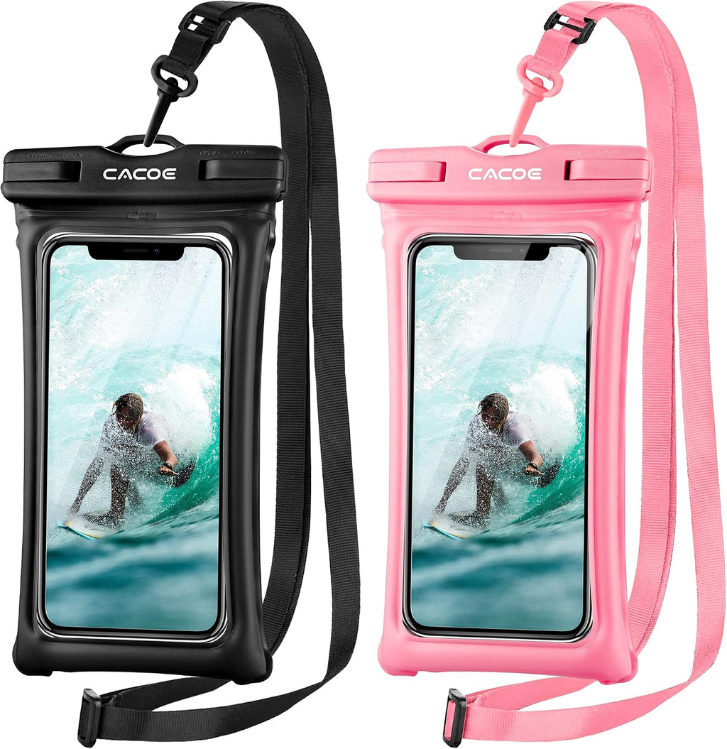 CACOE Floatable Waterproof Phone Pouch 2 Pack Up to 7.0",Black+Pink