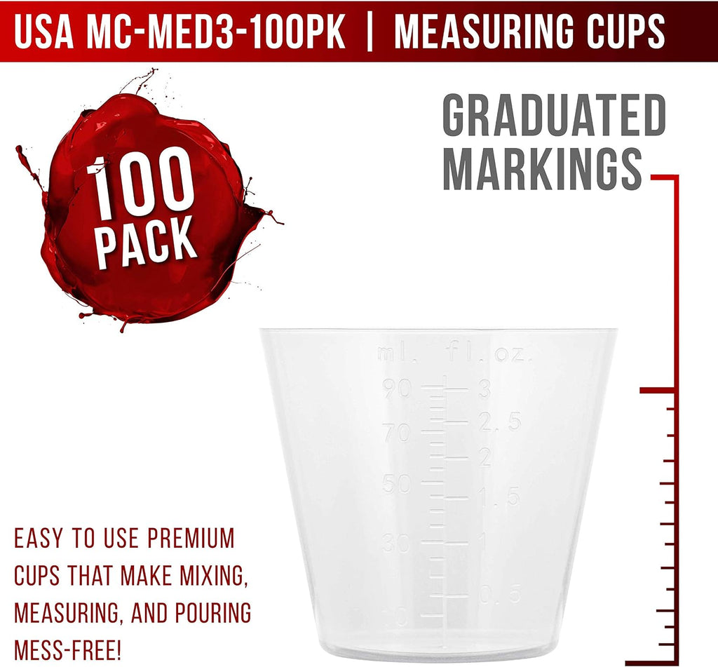 Pouring Masters 3 Oz (90 ml) Liquid Measuring Cups, 100 Pack with 25 Sticks