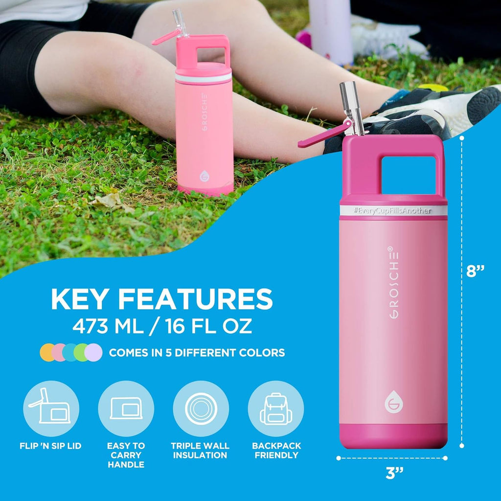 GROSCHE Alpine Flip N Sip Kids Water Bottle Straw Lid, Flamingo Pink, 16 oz