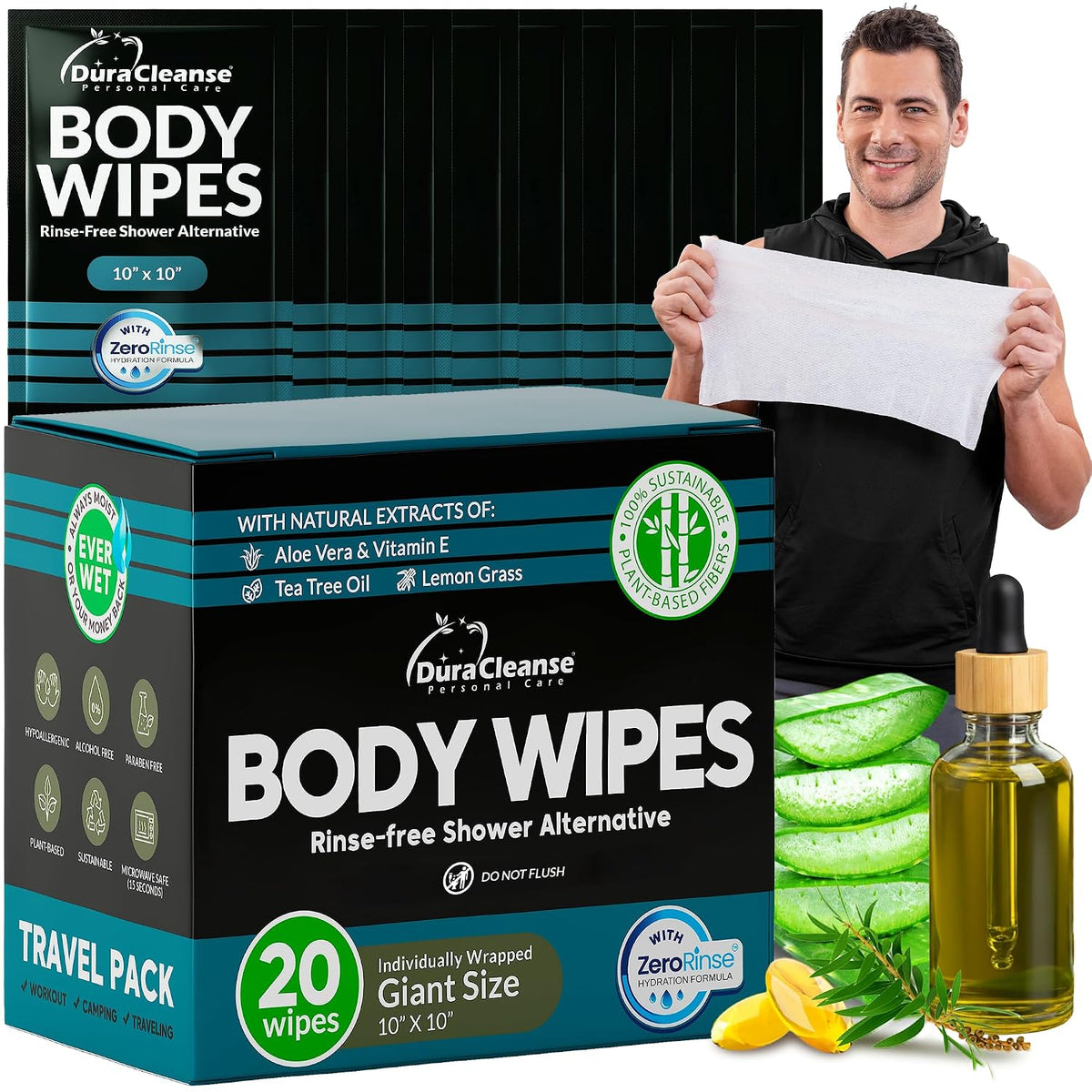 Body Wipes for Women - Gentle - No Rinse Bathing Wipes - 50 Ct + 4 Travel