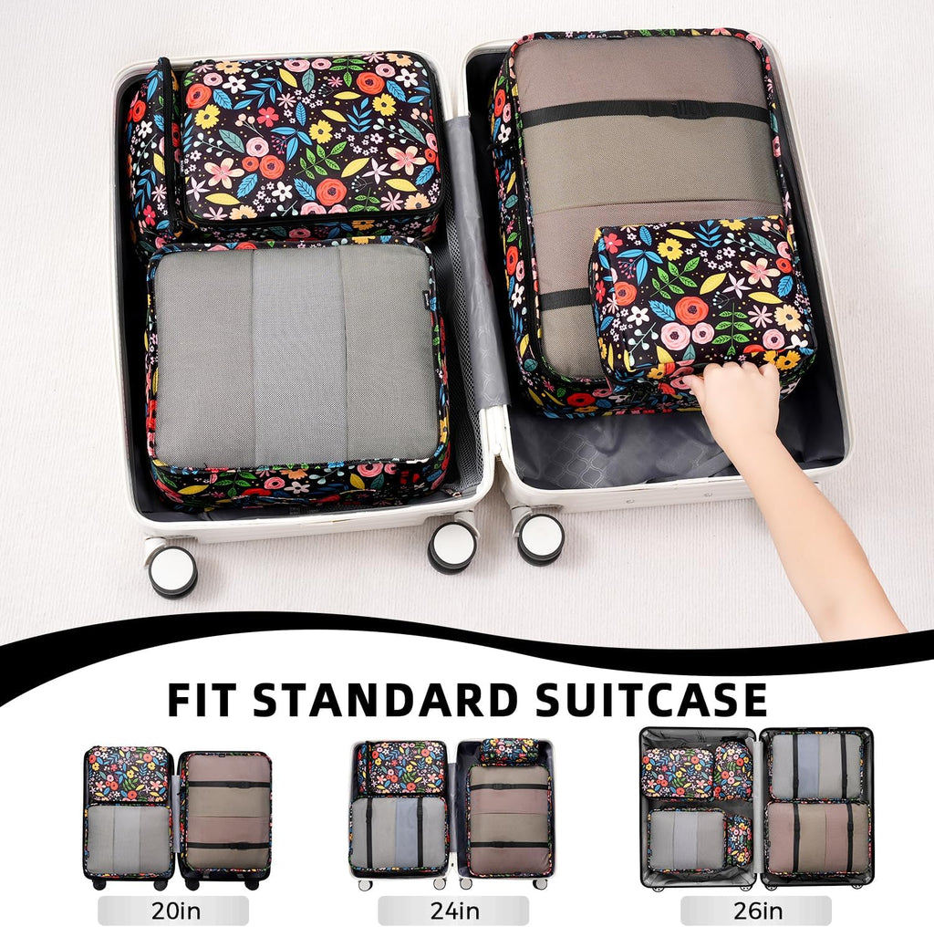 BAGAIL 8 Set Packing Cubes Luggage Packing Organizers for Travel Accessories-Black Floral