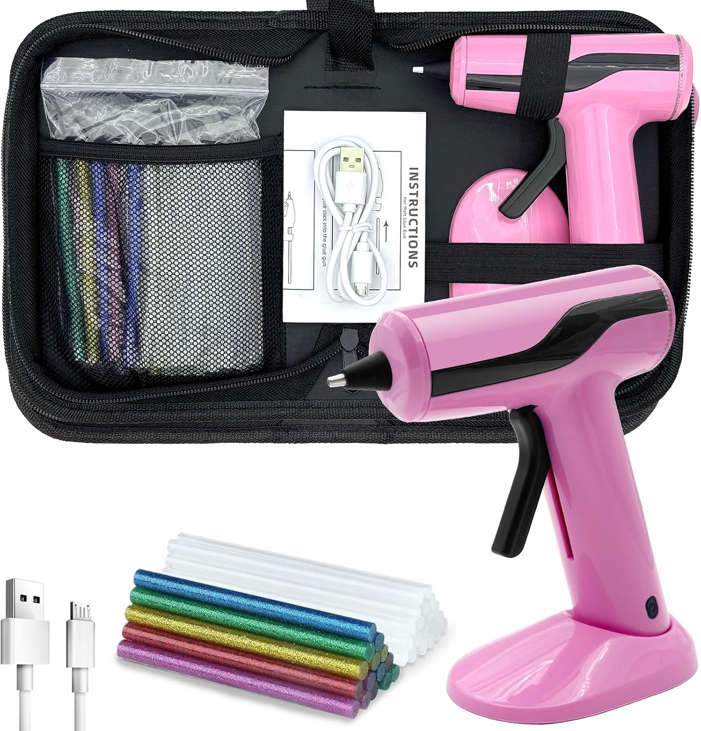 Liumai Cordless Hot Glue Gun Kit with 30pcs Mini Glue Sticks, USB Rechargeable Mini Glue Gun with Carrying Case, Stand-Up Base, Smart Power-Off Hot Melt Glue Gun for Crafting, Pink