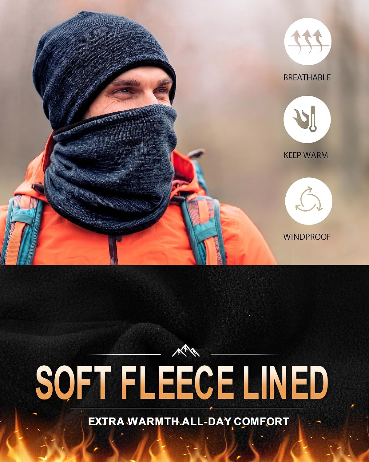 Winter Beanie Hat Scarf Set for Men Women Fleece Lined Warm Windproof Ski