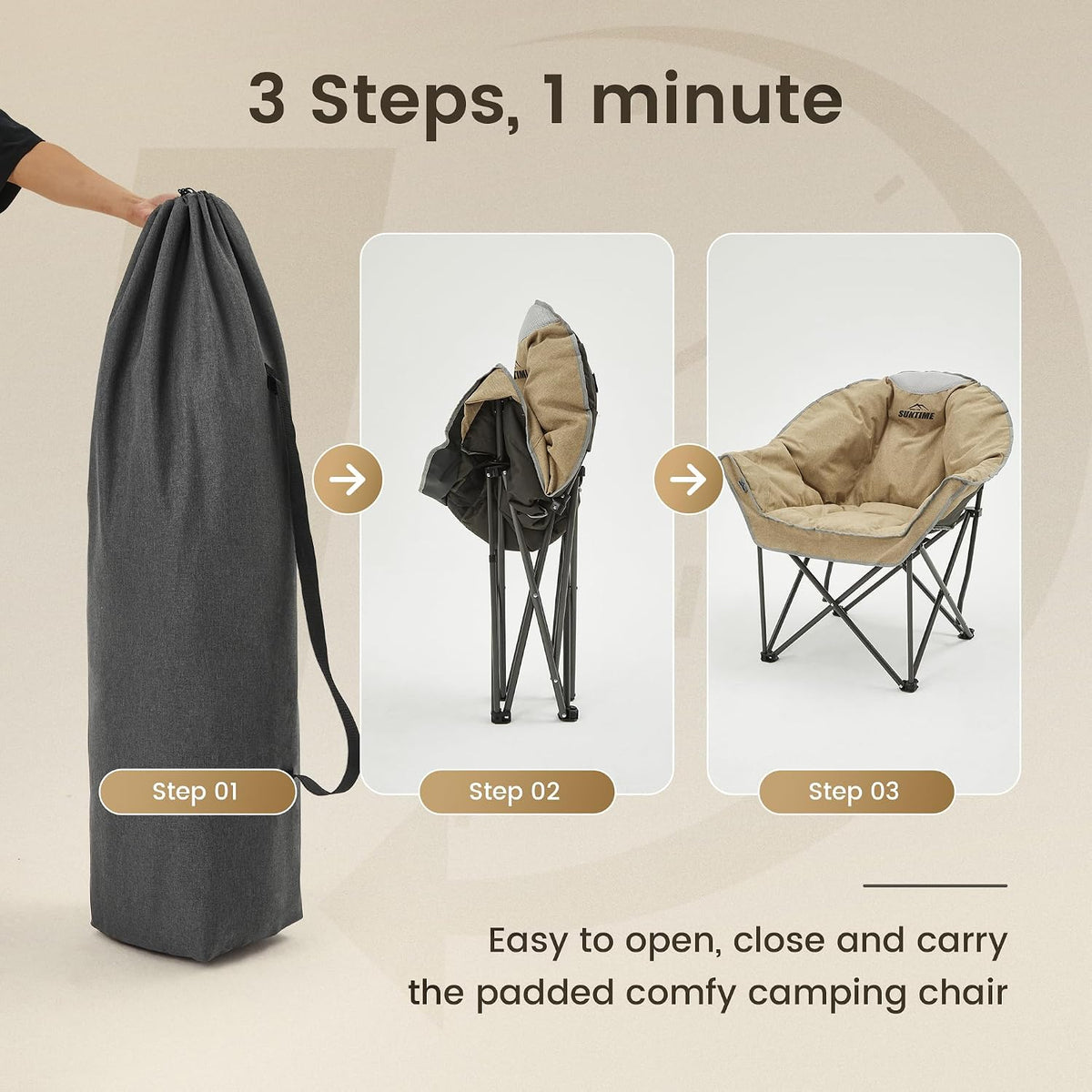 Oversized Padded Comfy Camping Chair for Adults, Portable Padded Lawn Chair, (2 Pack) (Beige)
