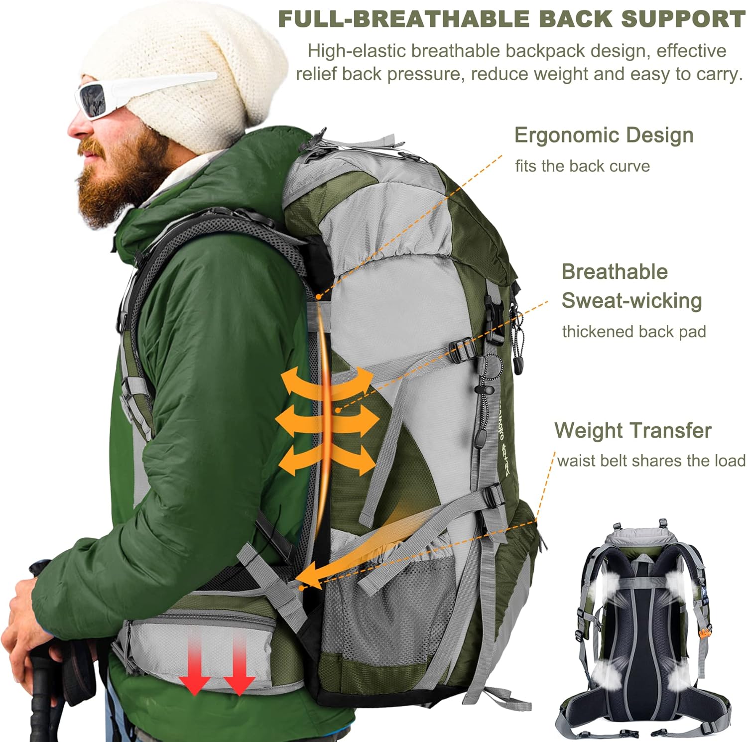 Loowoko 50L Hiking Backpack with Rain Cover for Both Men & Women