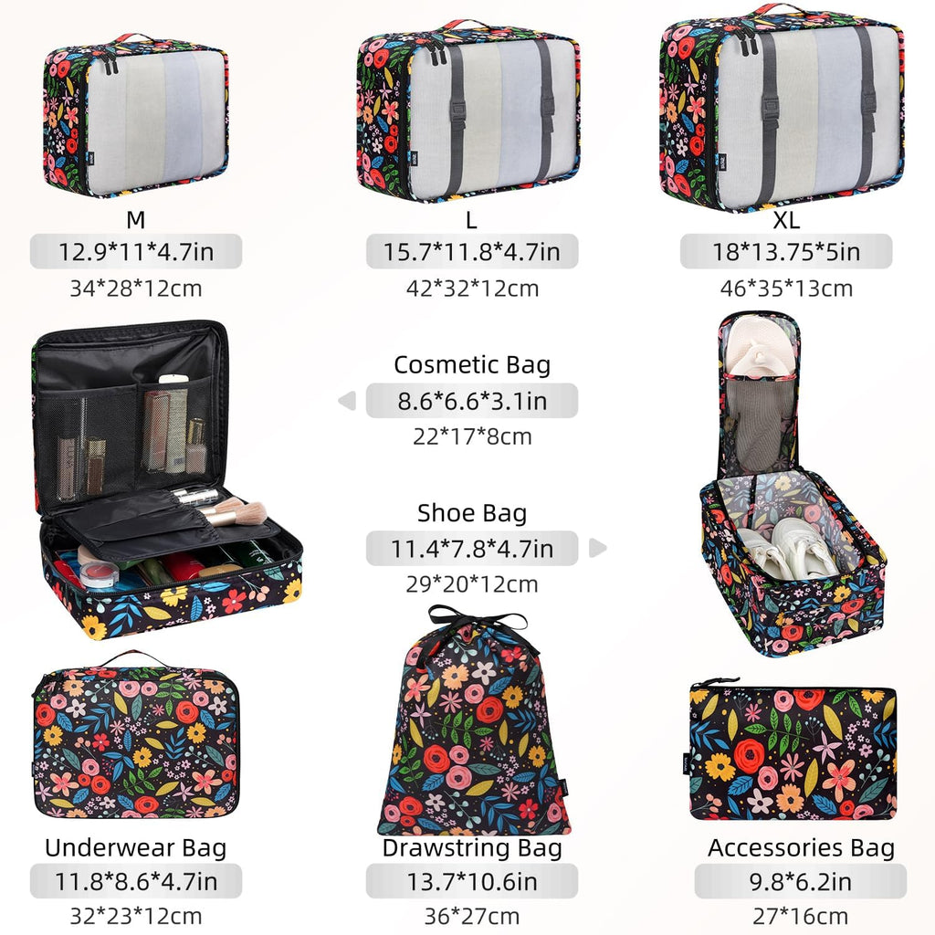 BAGAIL 8 Set Packing Cubes Luggage Packing Organizers for Travel Accessories-Black Floral
