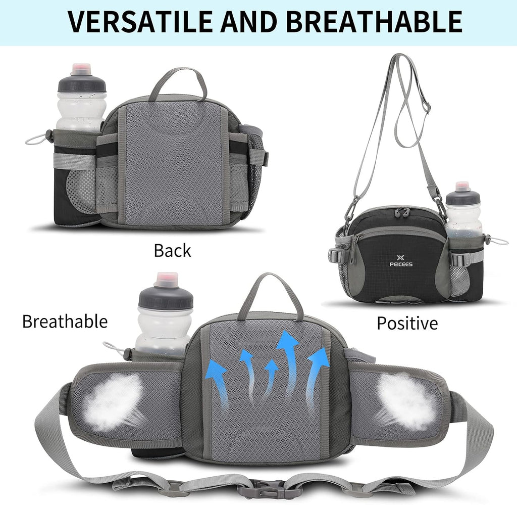 Peicees Hiking Fanny Pack Large Waist Bag for Men Women with Bottle Holder Water Resistant Lumbar Pack for Hiking Camping Fishing Outdoor (Bottle Not Included)
