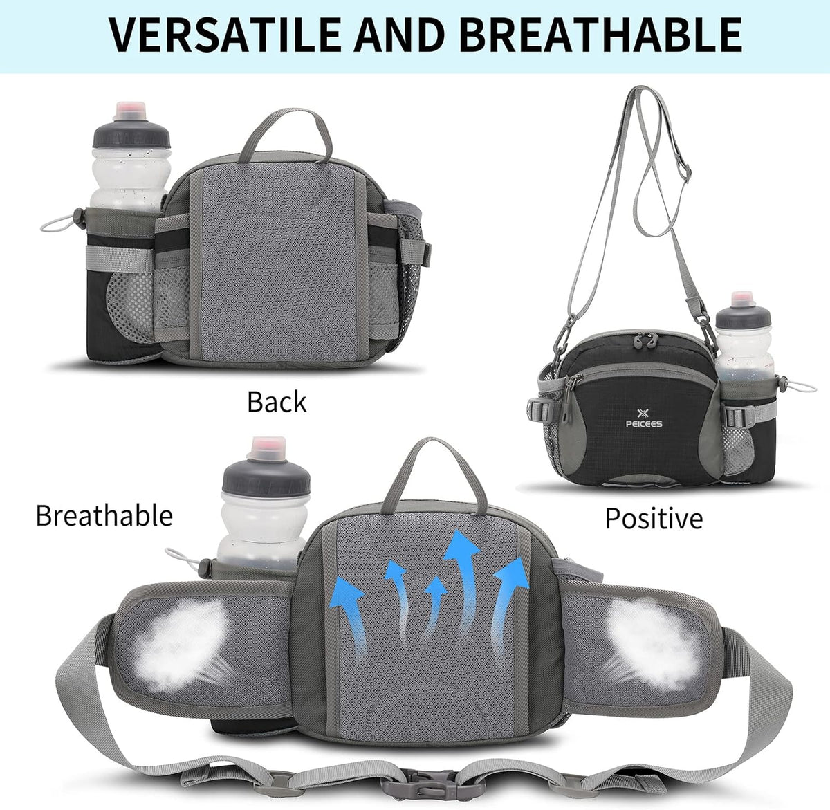 Peicees Hiking Fanny Pack Large Waist Bag for Men Women with Bottle Holder Water Resistant Lumbar Pack for Hiking Camping Fishing Outdoor (Bottle Not Included)