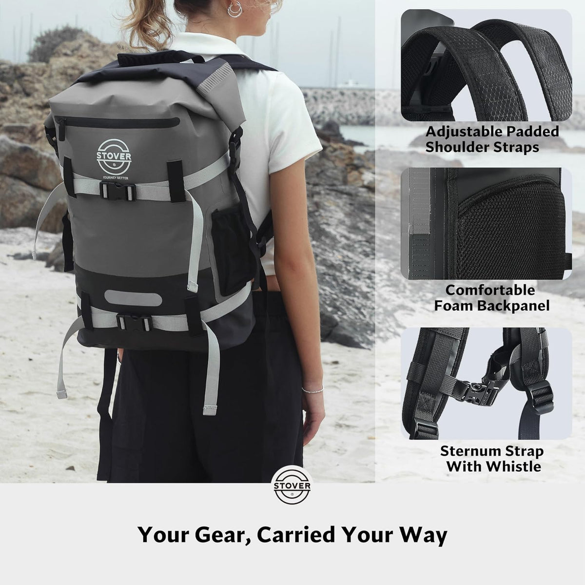 STOVER 30/40/55L Waterproof Dry Backpack & Phone Case- X-Large Floating Dry Bag for Kayaking, Travel, Hiking, Fishing, Camping, Motorcycles & Beach, Heavy-Duty Roll Top Men/Women (Grey)