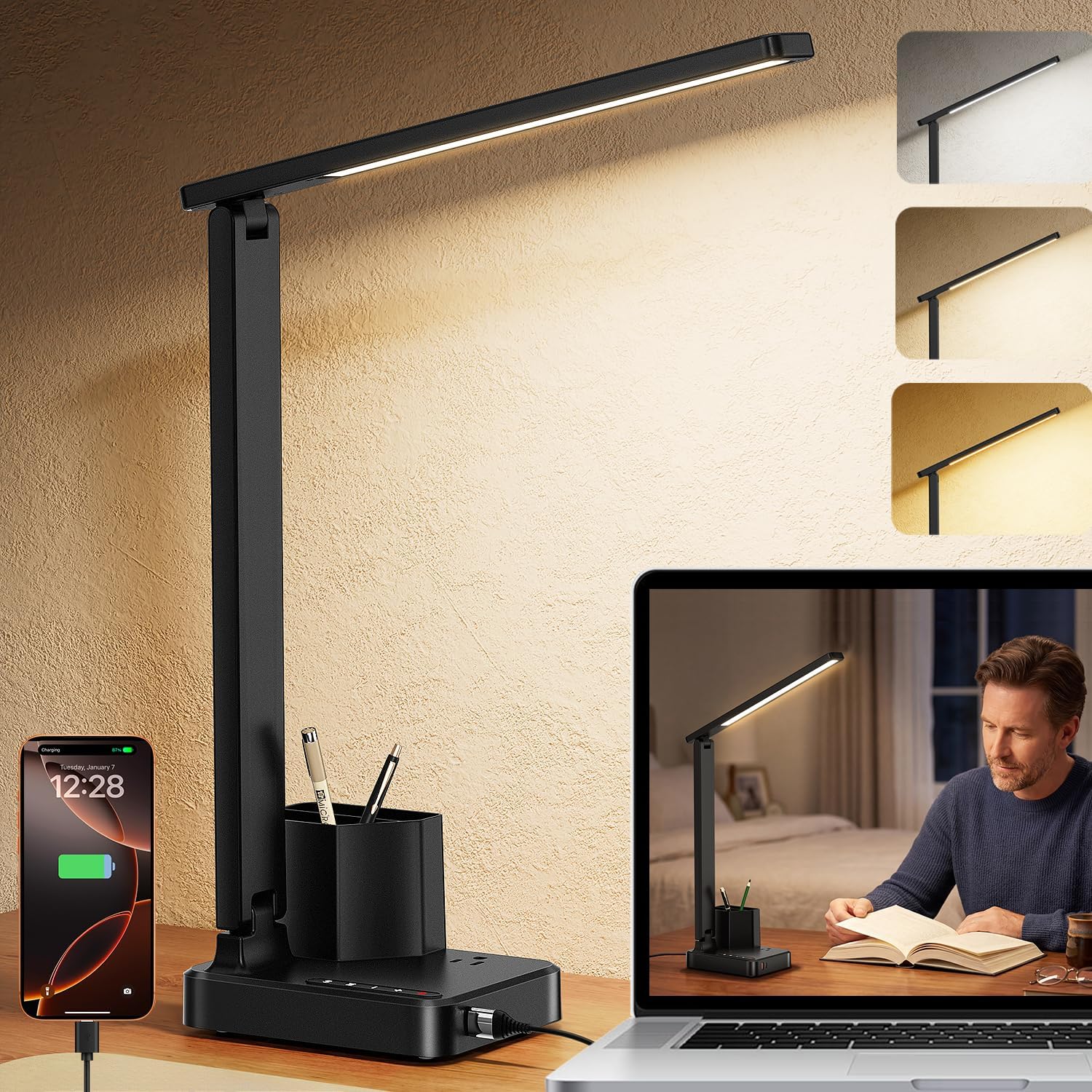 cozoo LED Desk Lamp USB A/C AC Pen Holder Dorm Home Office Desk Light Black