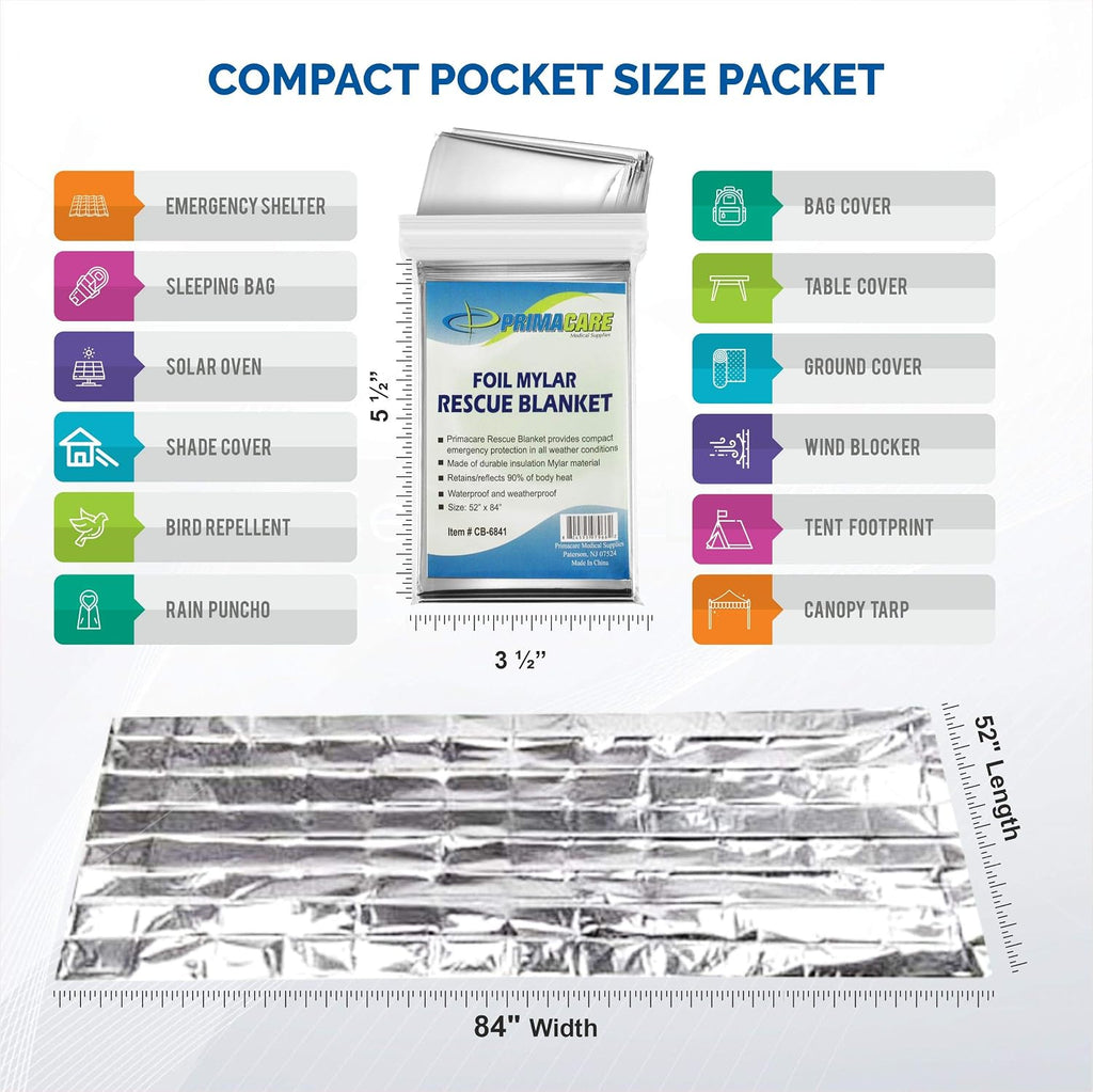 Primacare HB-10 Emergency Mylar Thermal Blankets – 10 Pack, 84" x 52", Silver – Reflective, Waterproof, Retains 90% Body Heat – for Survival, First Aid, Outdoors, Camping, EMS