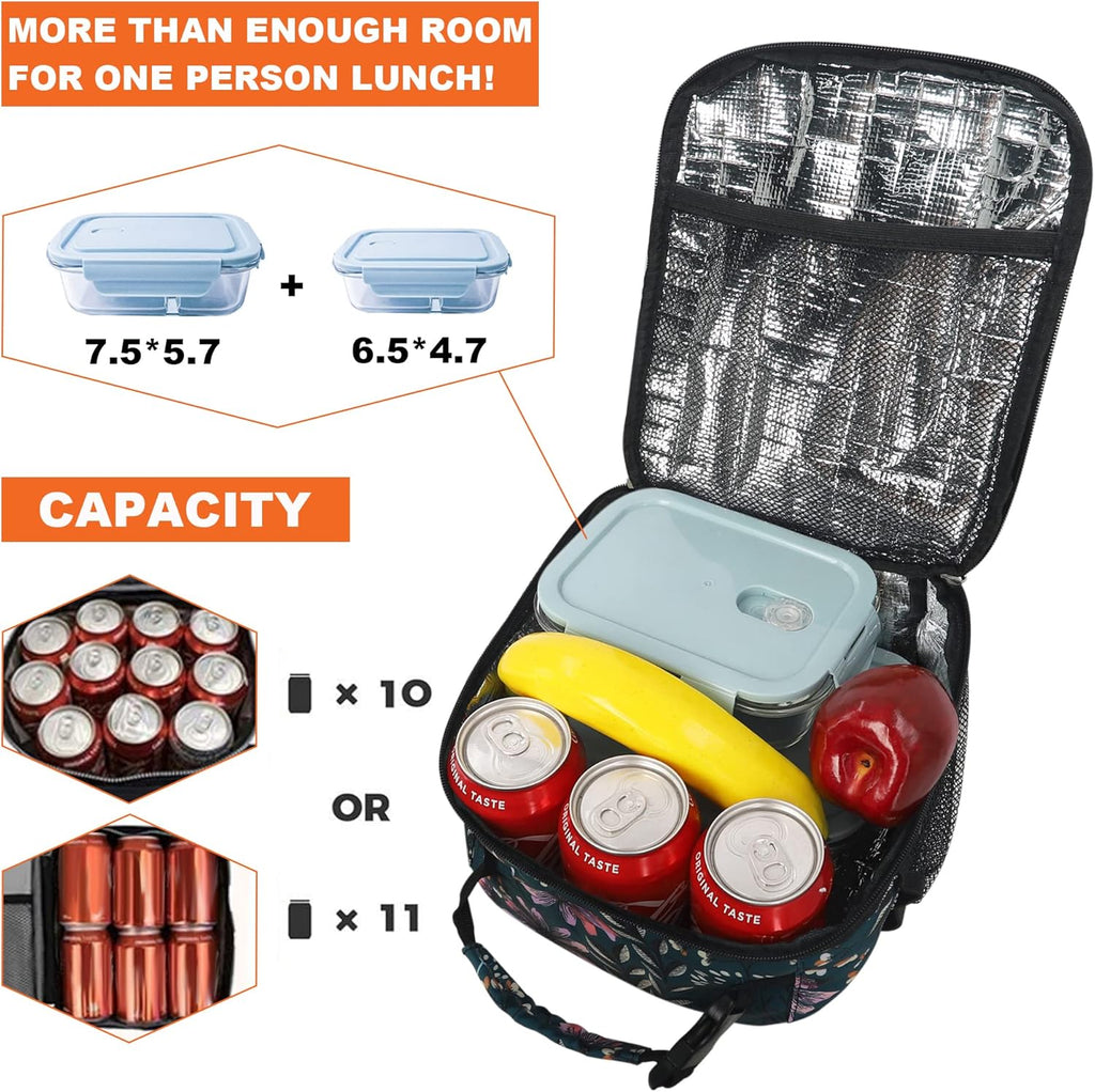 Femuar Lunch Box for Men Women Adults Small Lunch Bag for Office Work Picnic - Reusable Portable Lunchbox, Malachite Green Flower