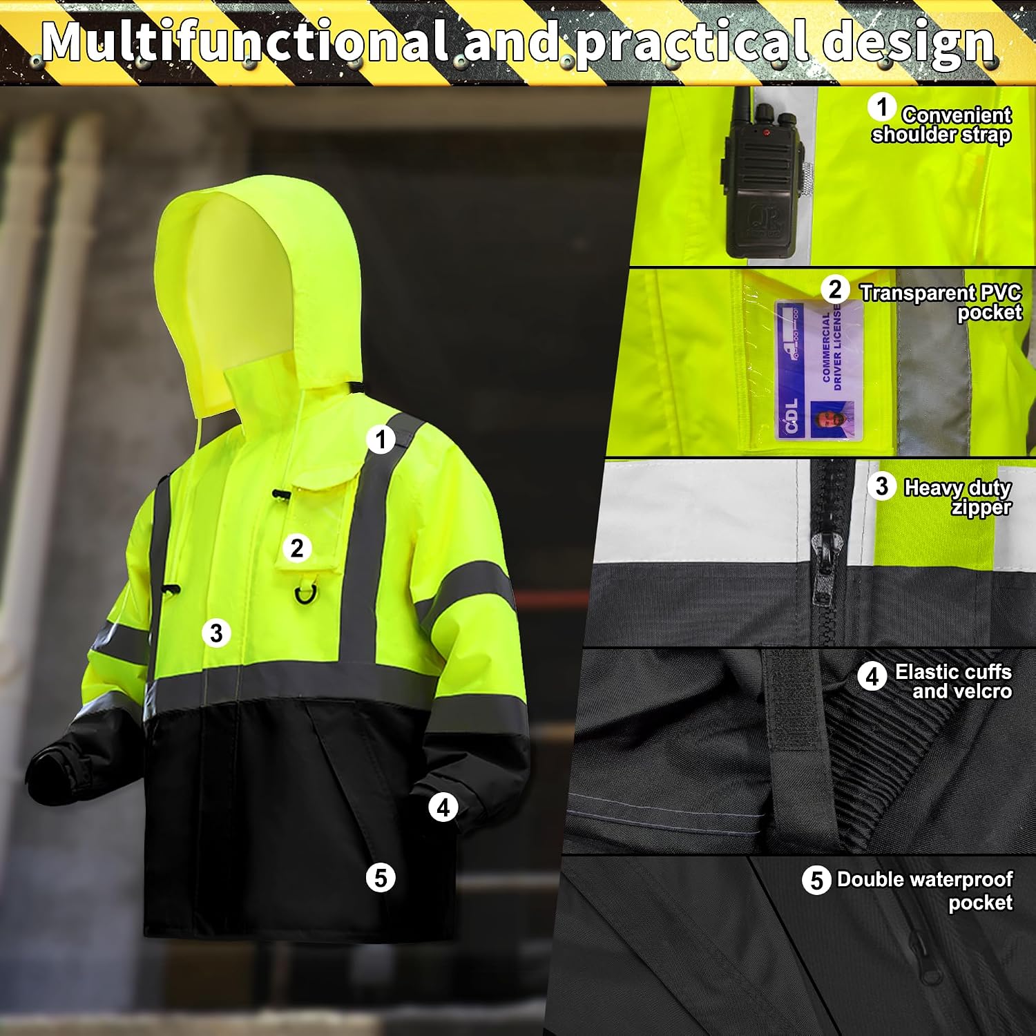 Safety Rain Jacket for Men Waterproof，Class 3 Hi Vis Rain Gear with Collapsible Hood， Breathable Rain Suits with Inner Mesh Lining and pocket，Reflective Waterproof Pants S/M